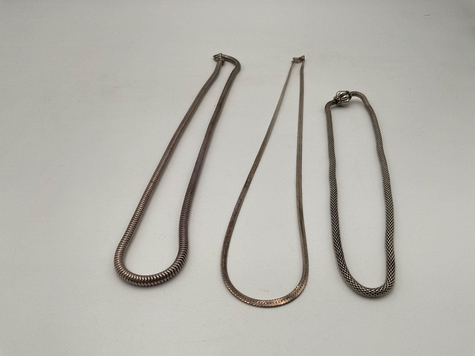 Silver Tone Snake Chain Necklace Bracelet (3) Mesh Herringbone Vintage Style