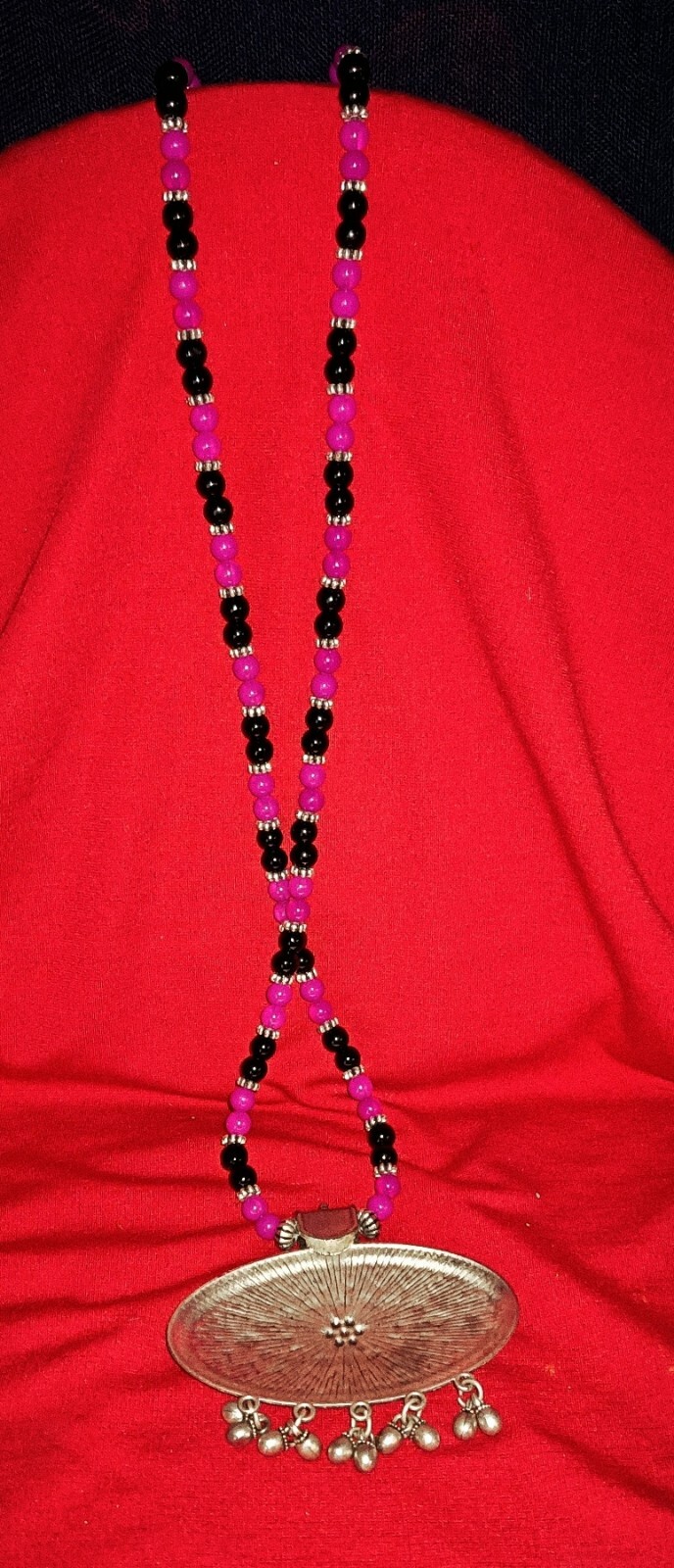 Black /Pink Beads single strand Pink Navratri jewelry Oxidized Silver Necklace