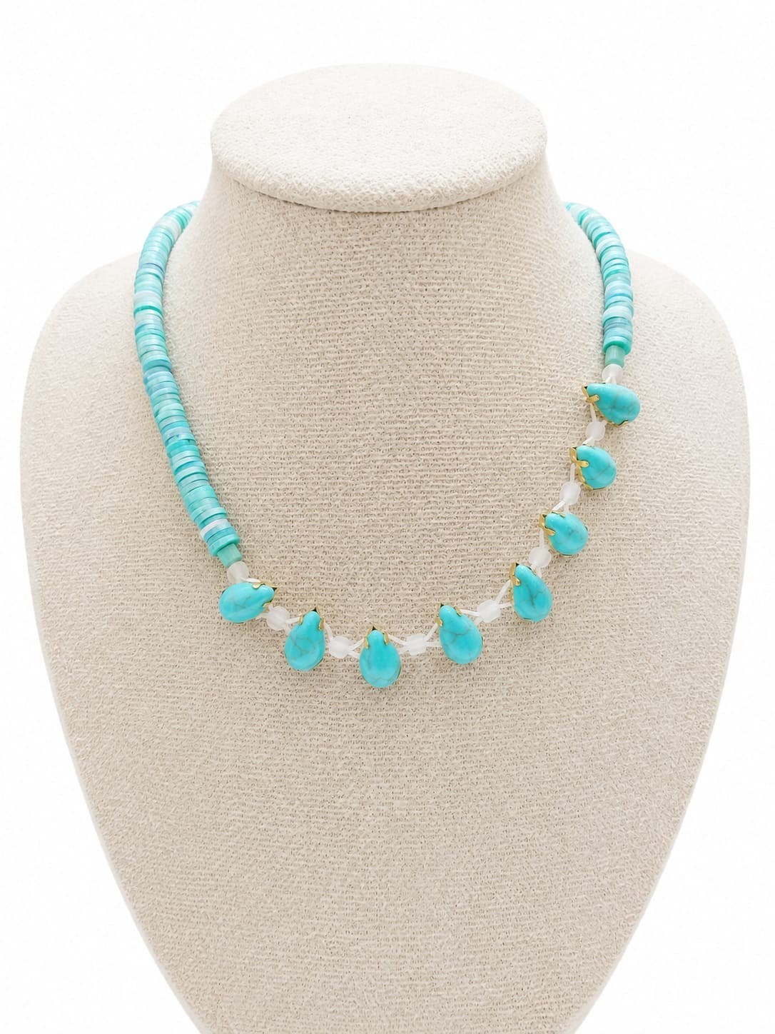 Handmade Blue & Gold Faux Turquoise Style Beaded Necklace Boho Women Gift