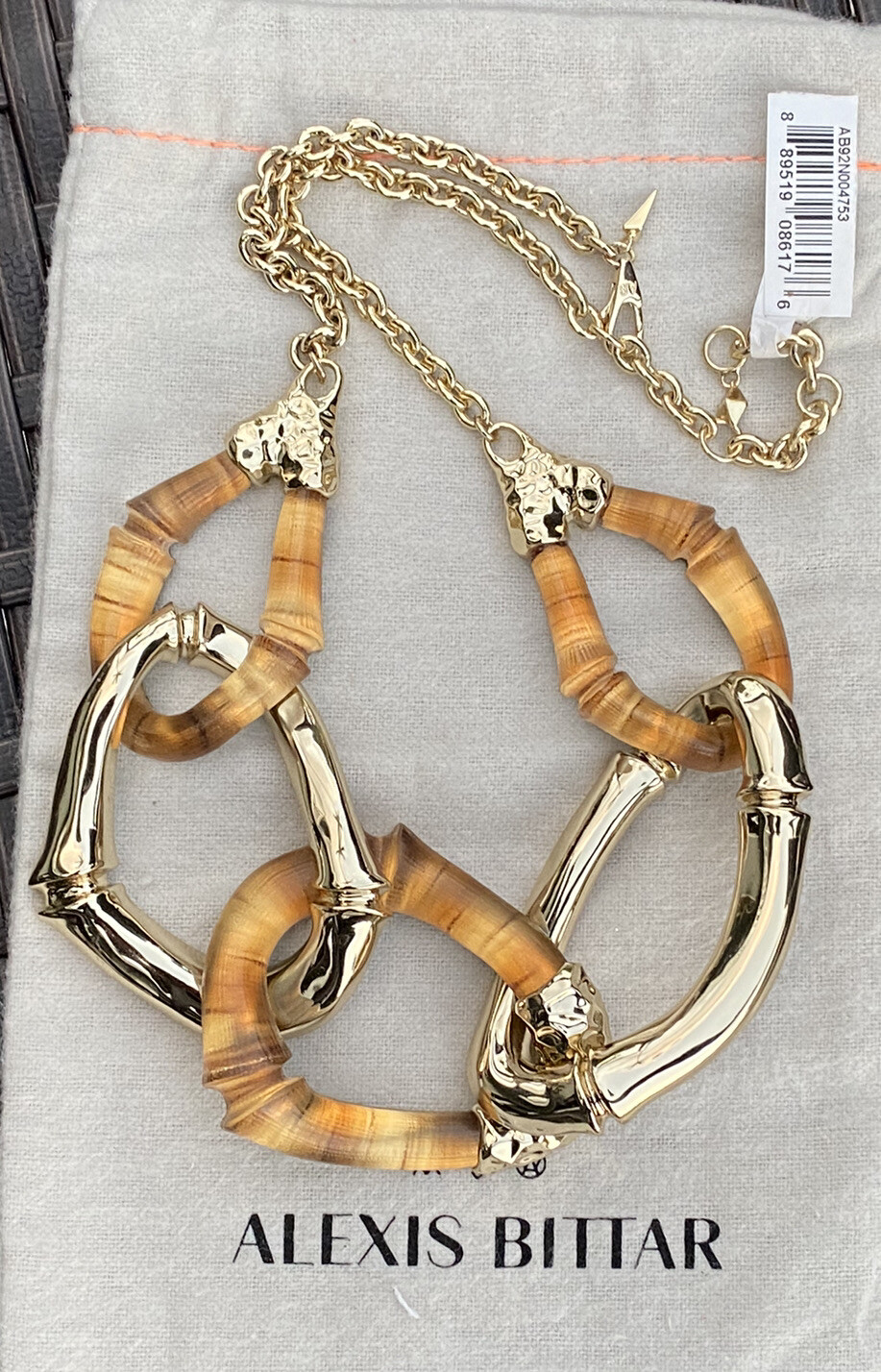 100% Authentic Alexis Bittar Large Gold/ Amber Lucite Bamboo Link Necklace $595