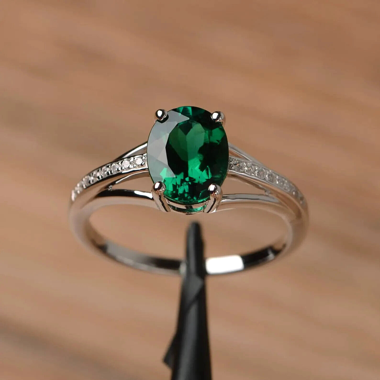 emerald and moissanite ring engagement ring solid sterling silver ring