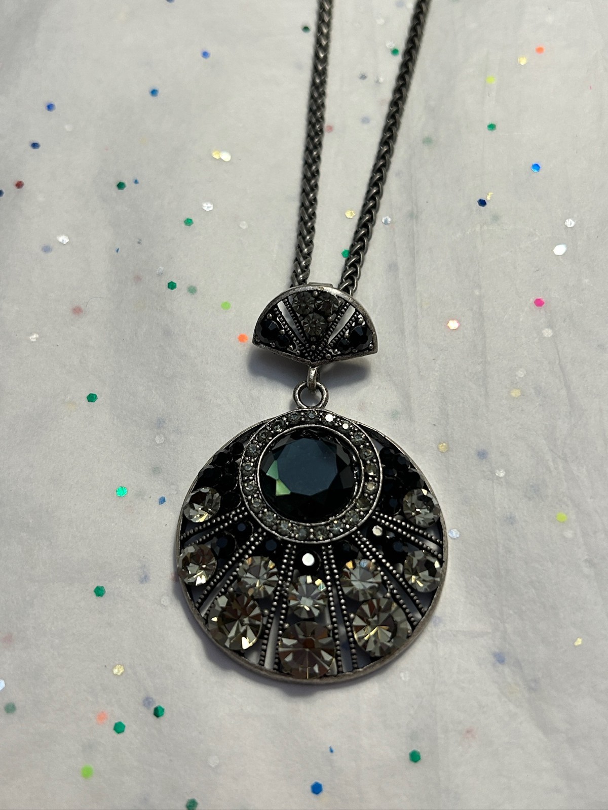 Elegant Art Nouveau Art Deco Black, White Pavé Crystals Silver-tone Pendant