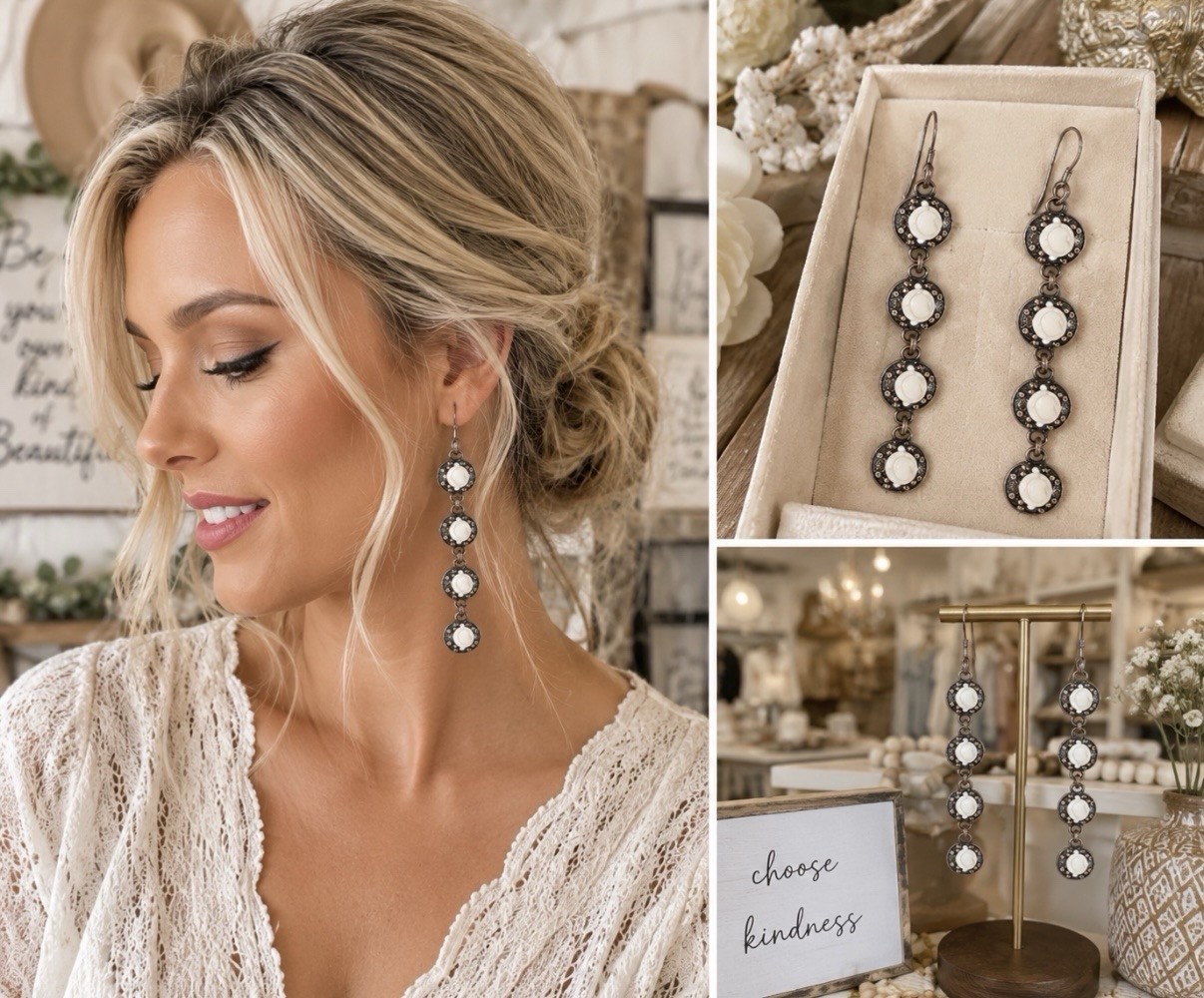 Boho Cowgirl Earrings, Faux white stone, rustic style, rodeo jewelry,