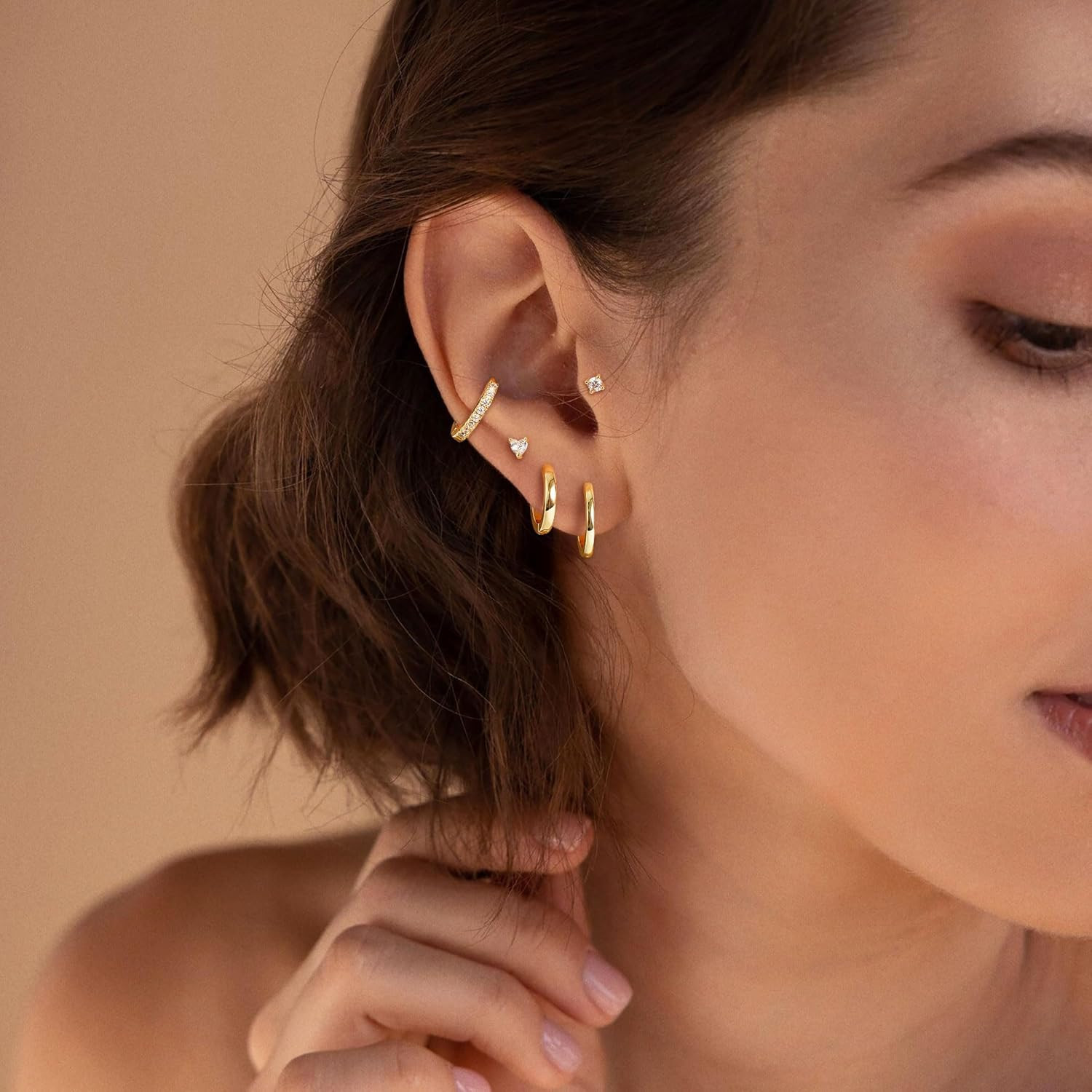 M MOOHAM Hypoallergenic Flat Back Earring Stack for Women Teen Girls, 14K Gold P