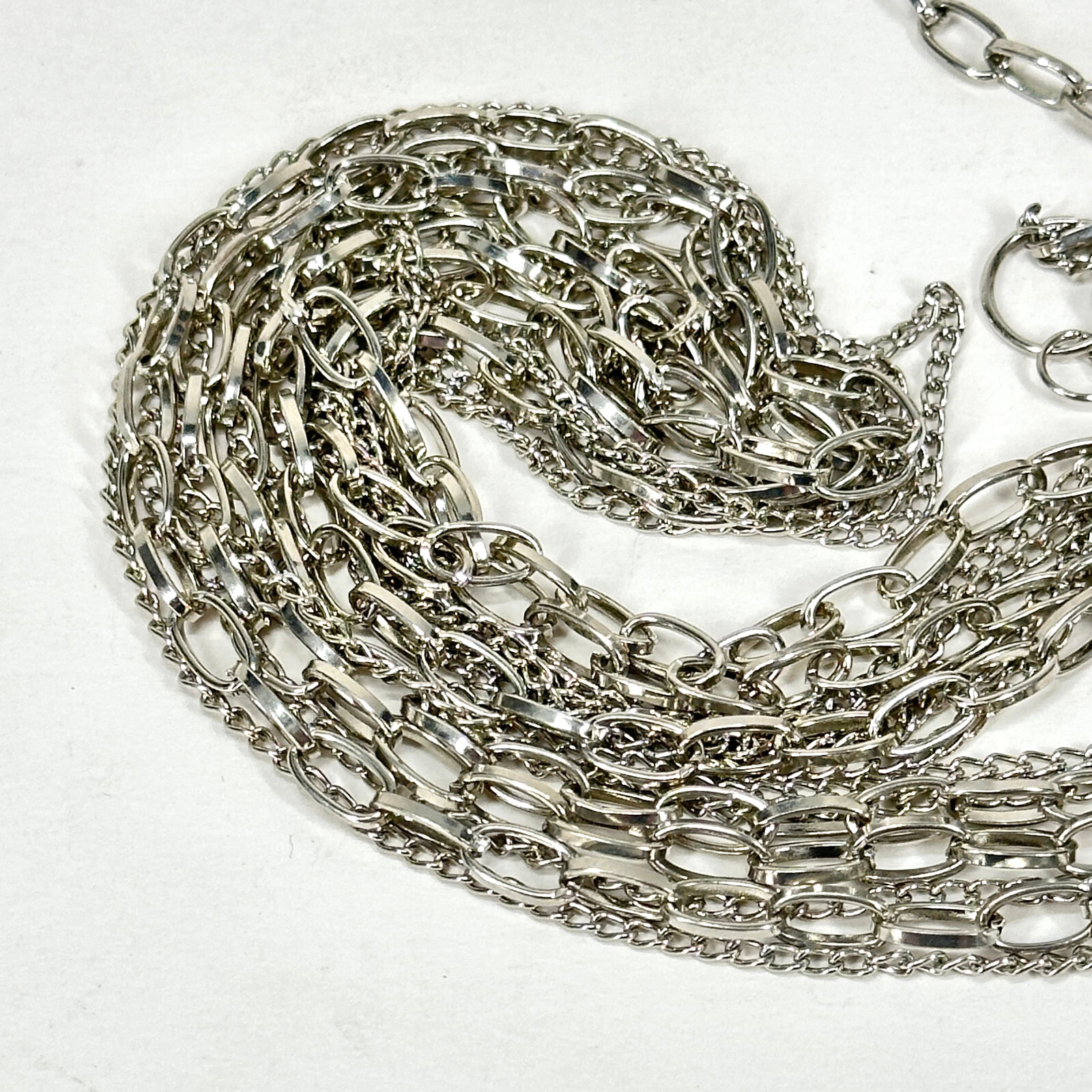 Necklace Heavy Shiny 7 Strand Silver Tone 40 Inch Bib Length Mixed Link Chains