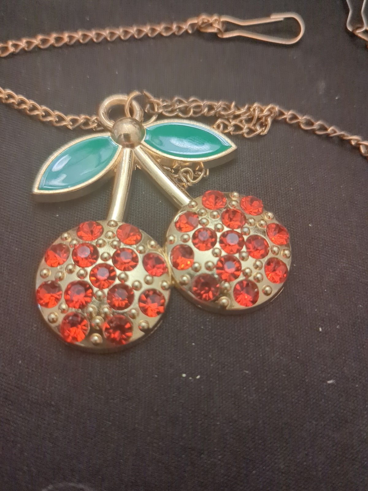 Pre-owned RED CHERRY JEWELED Blouse Chain, Gold Tone, Chain Has Hooks To Blouse
