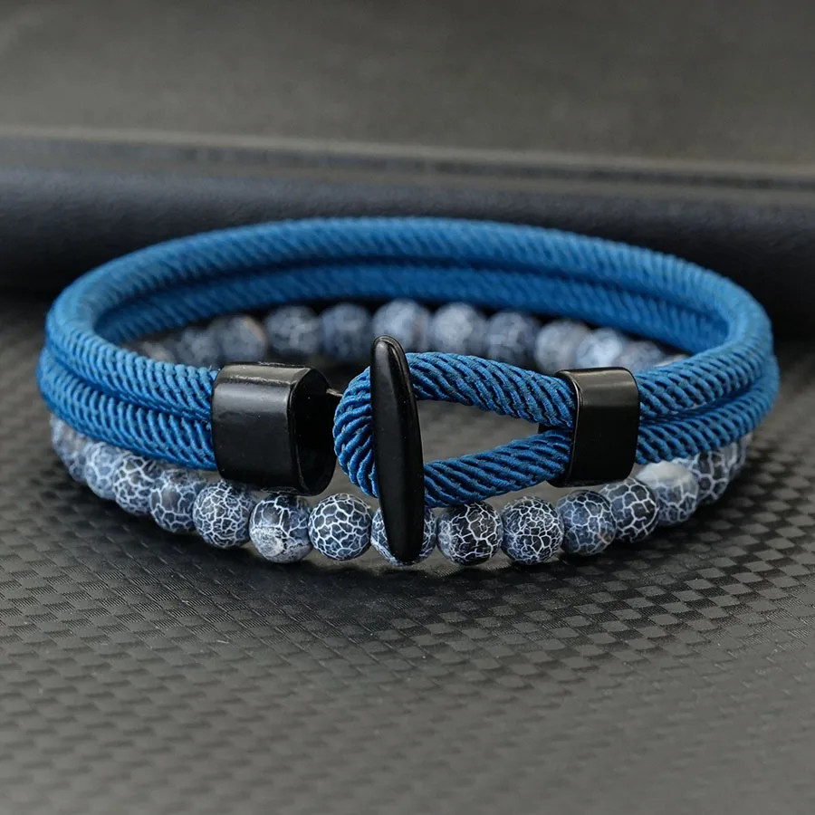 2Pcs Beads Rope Bracelet Set Men Tiger Eyes Malachite Stone Handmade Jewelry