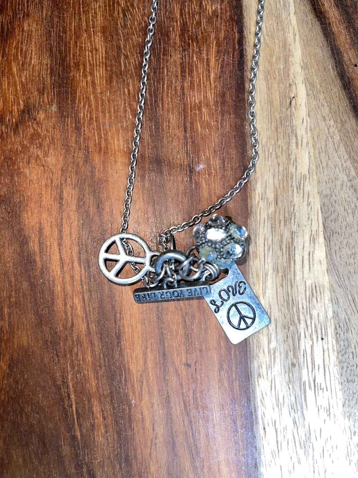 Pendant Necklace Boho Peace, Love Life, Love & Crystal Charms Silver Tone Aeo