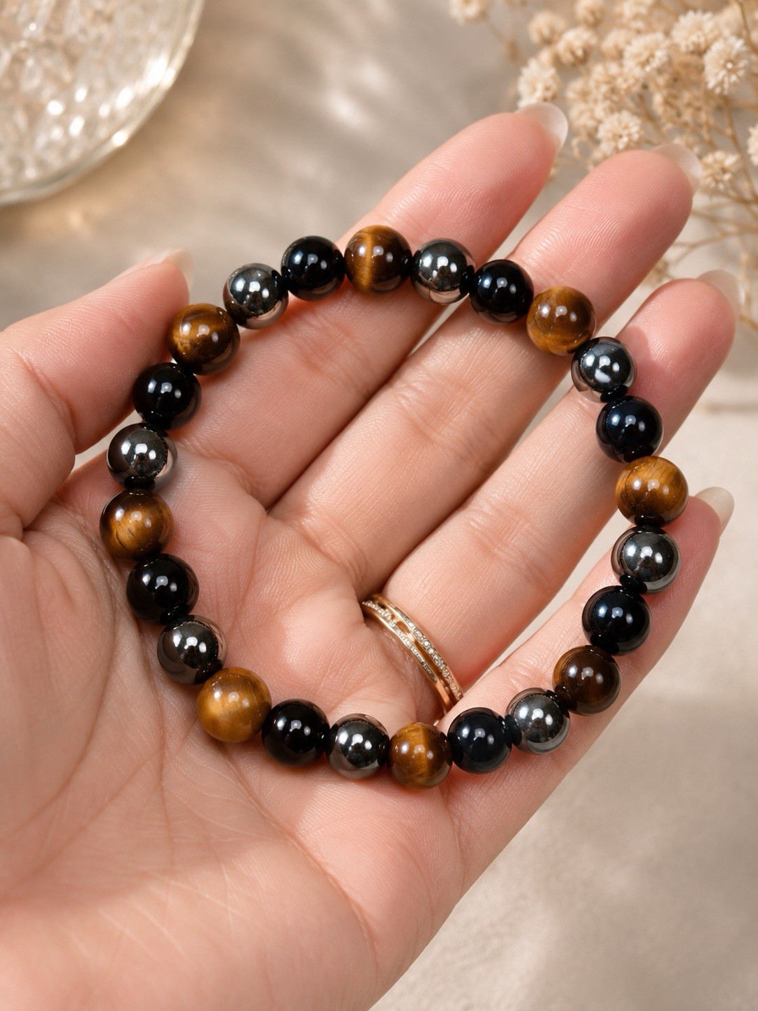 Bracelet Made from Three Types of Stones: Tiger Eye, Obsidian,black gallstone