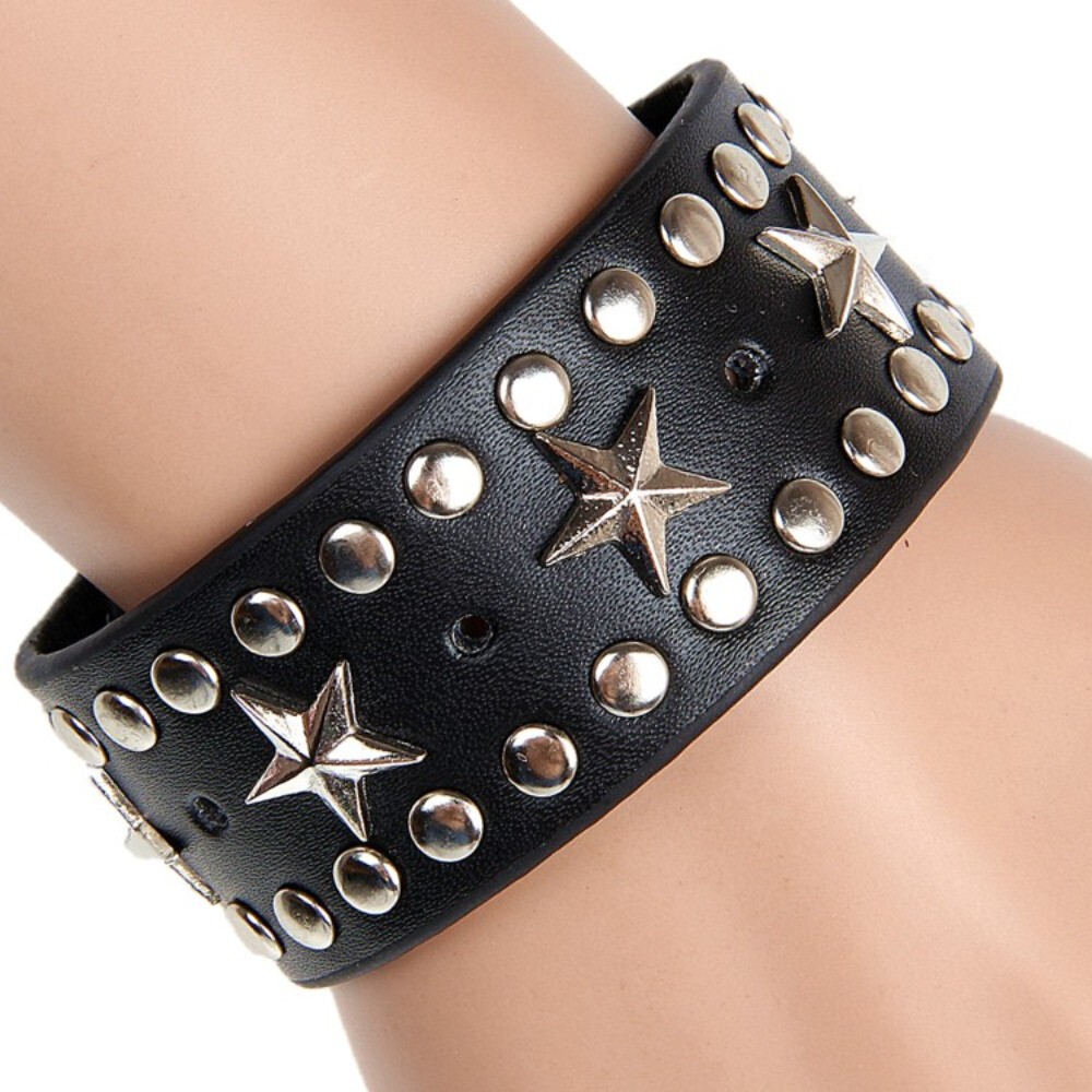 Gothic Punk Rock Wide Alloy Star Studded Bracelet Leather Bangle Cuff Adjustable