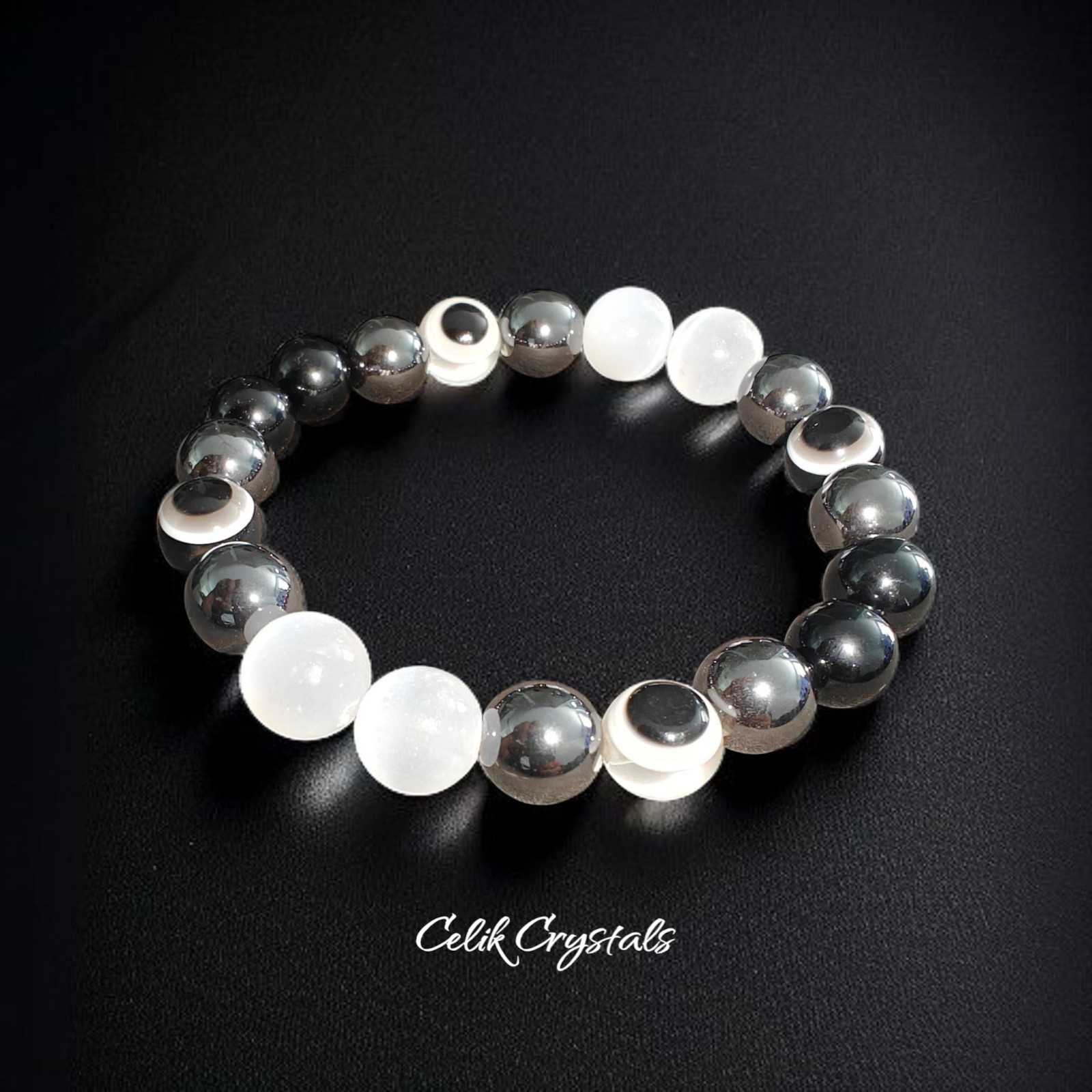 Black Tourmaline Selenite Hematite Evil Eye Bracelet 10mm Natural Stones Unisex