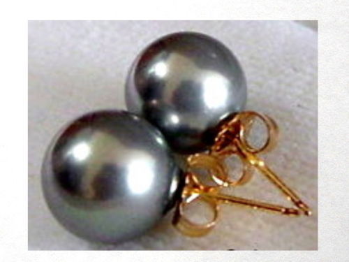 6mm 8mm 10mm BLACK GREY Sea Shell Pearl Stud Earrings 14K Solid Yellow Gold Post