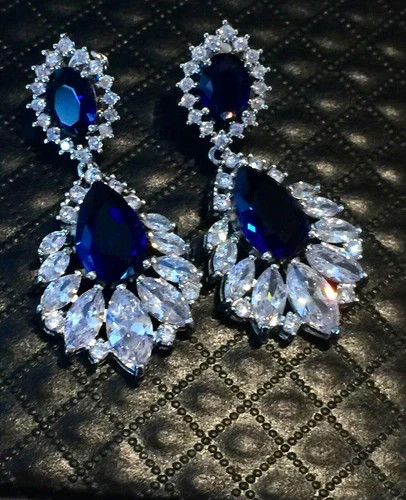 18k Platinum Plated Earrings Made Simulated Diamond Blue Marquise Stone
