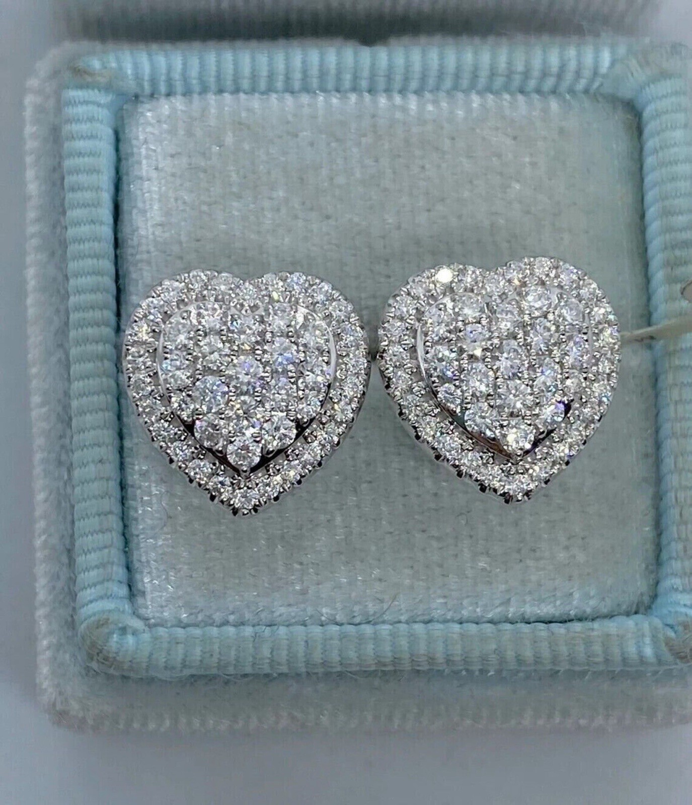 Sparkling Heart Stud Earrings 2 Carat Moissanite Stones 14k White Gold