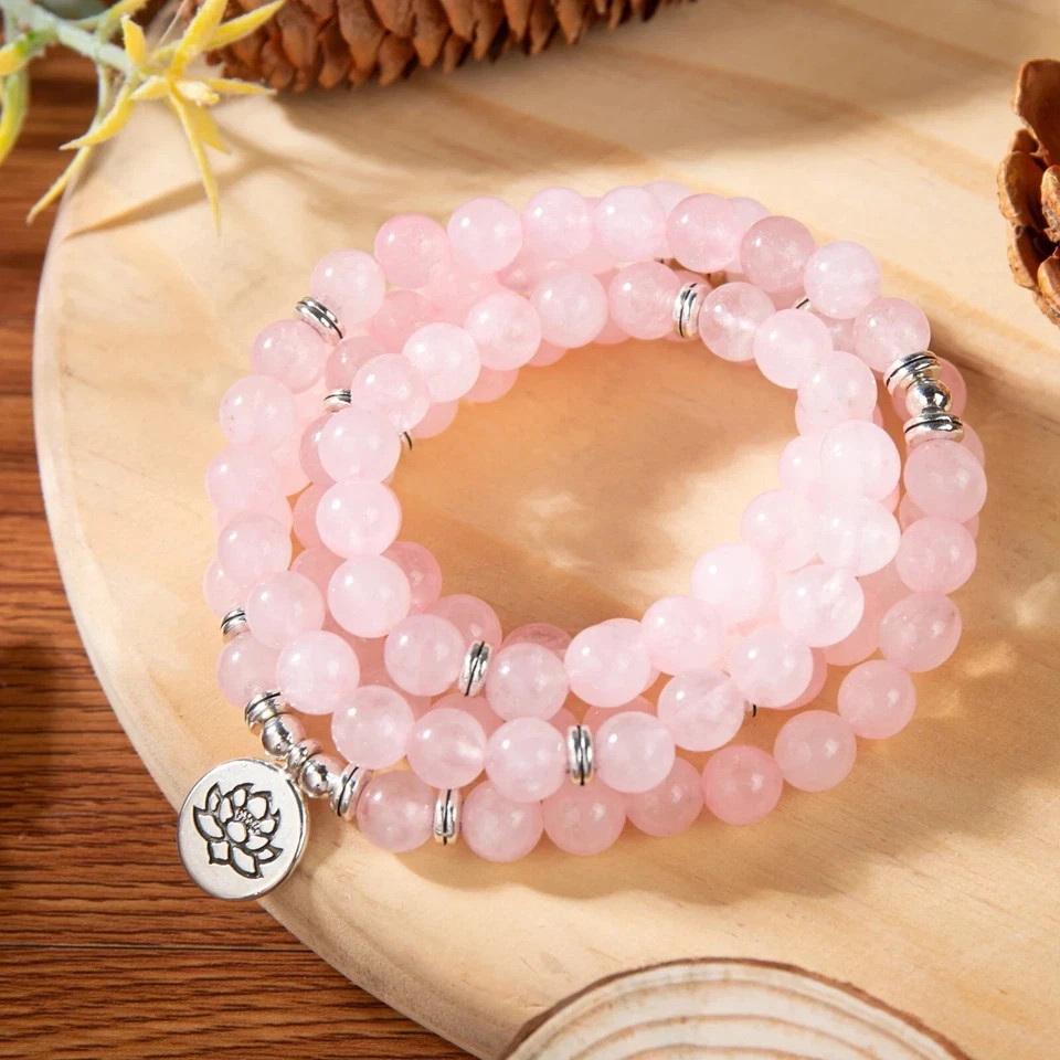 108 Mala Rose Quartz Bead Necklace Bracelet Lotus Healing Meditation Yoga Gift