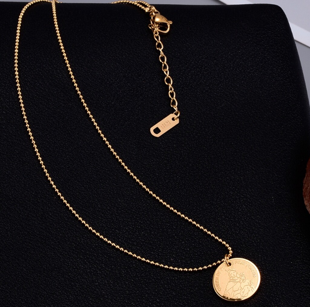 Women Girl Titanium Stainless Steel Our Lady of Mary Round Gold Coin Necklace