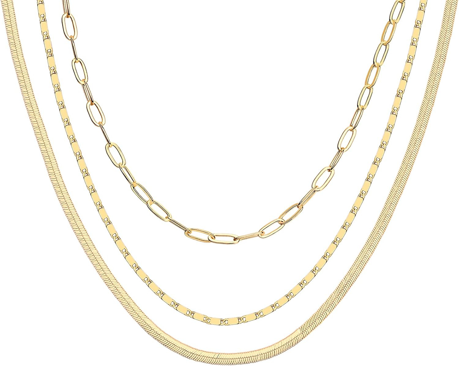 14K Gold Plated Dainty Layering Necklaces for Women | Snake Chain, Curb Link, Pa