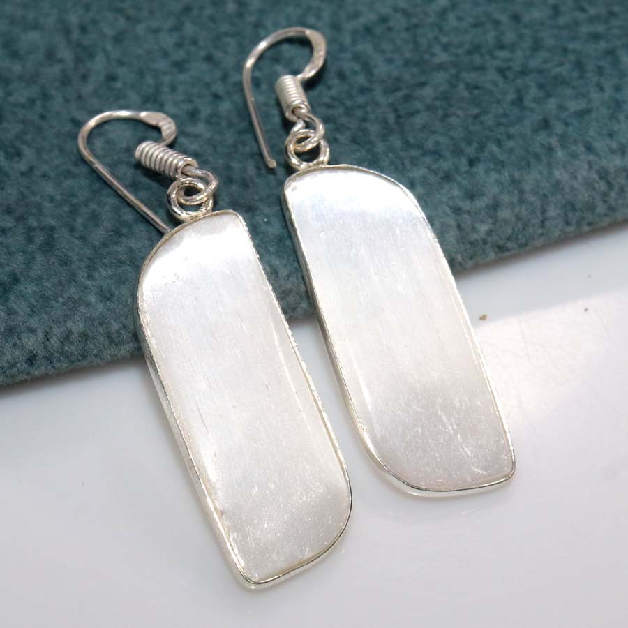 925 Silver Plated Decent Selenite Earrings 1.9″ Promise Gift Most Beautiful GW