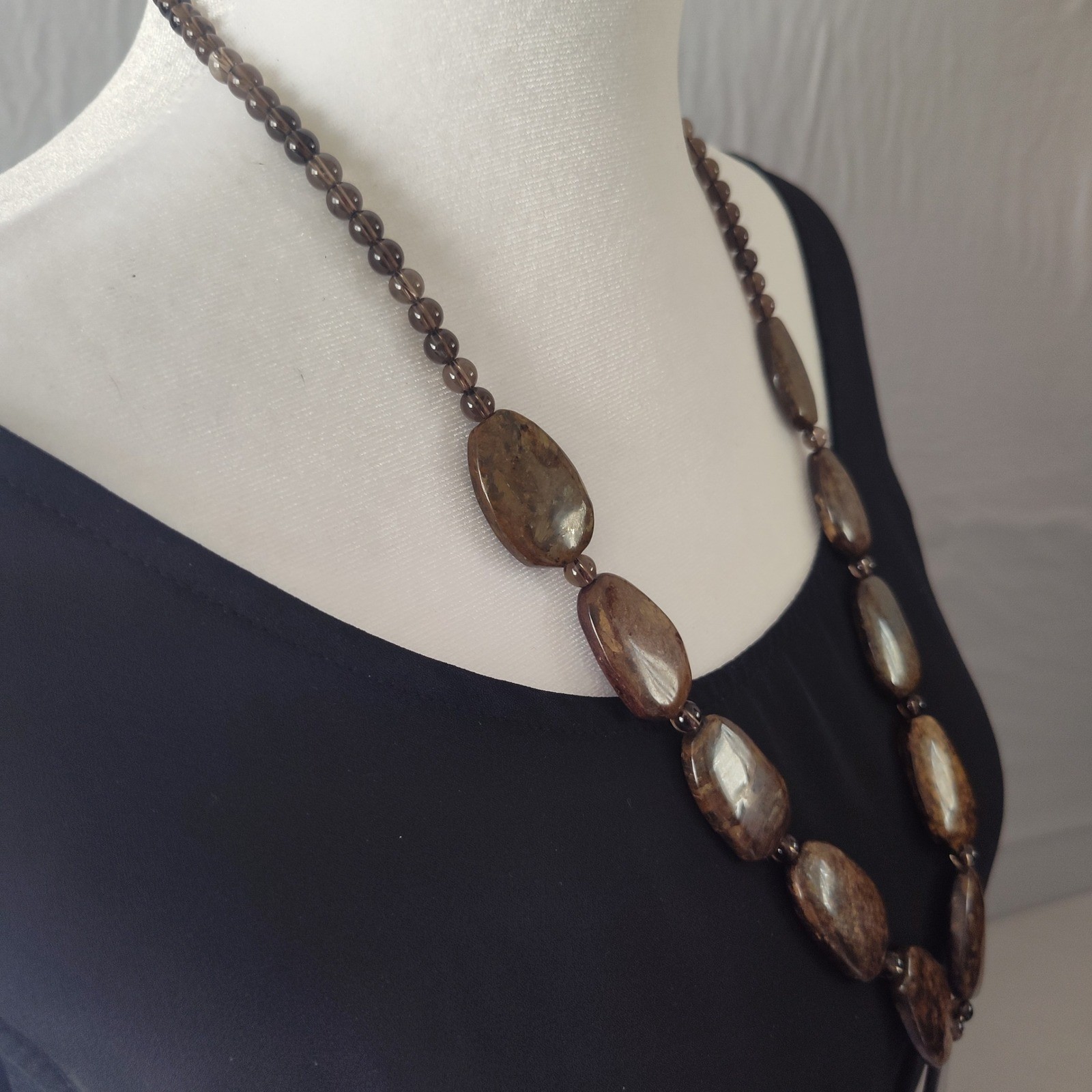 Natural Black Agate Slice & Brown Jasper Beaded Statement Necklace Earthy Brown