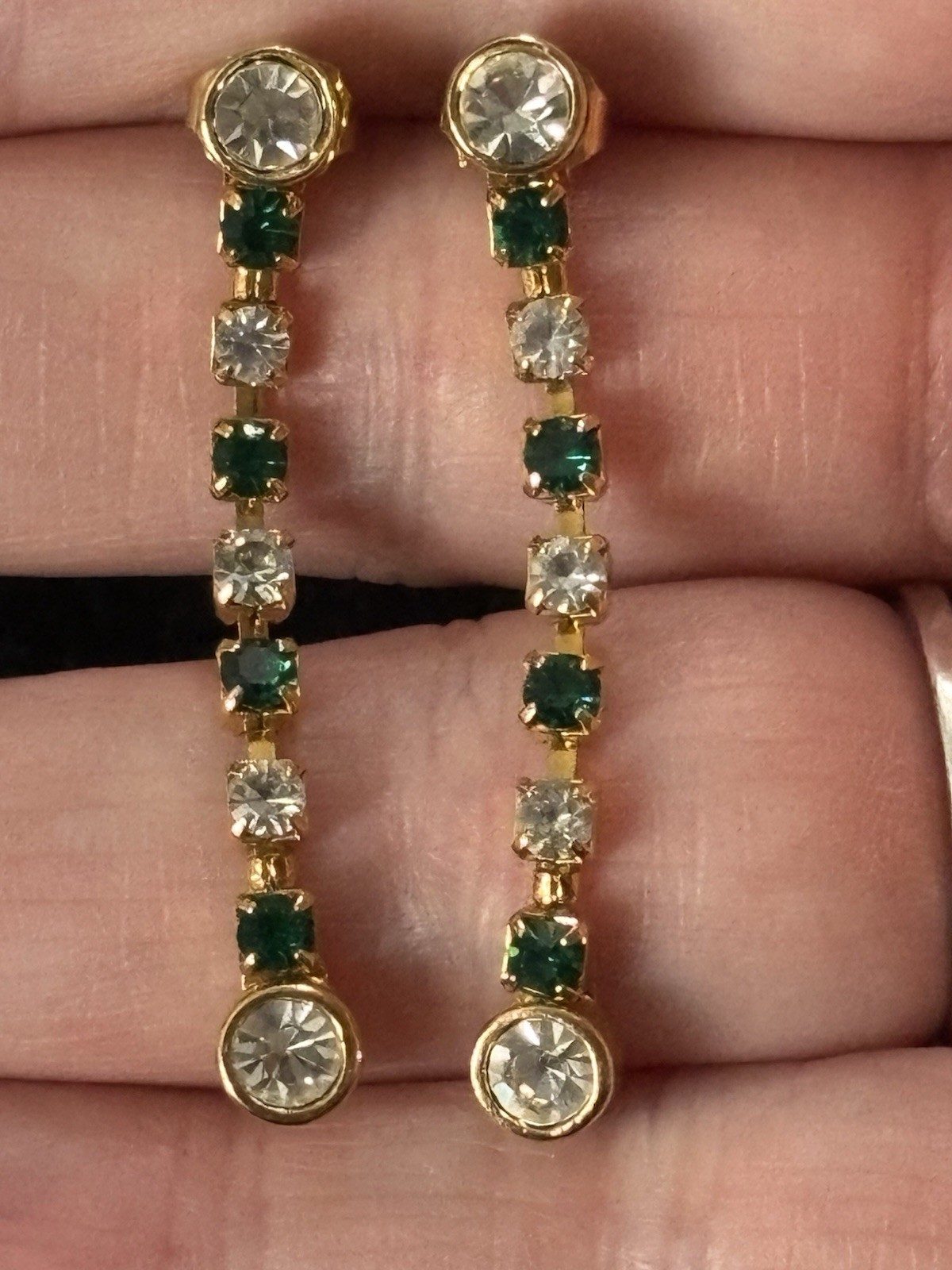1.75 Inch Emerald Green And Clear Colored Gold Toned Avon Earrings & Jacket (25)