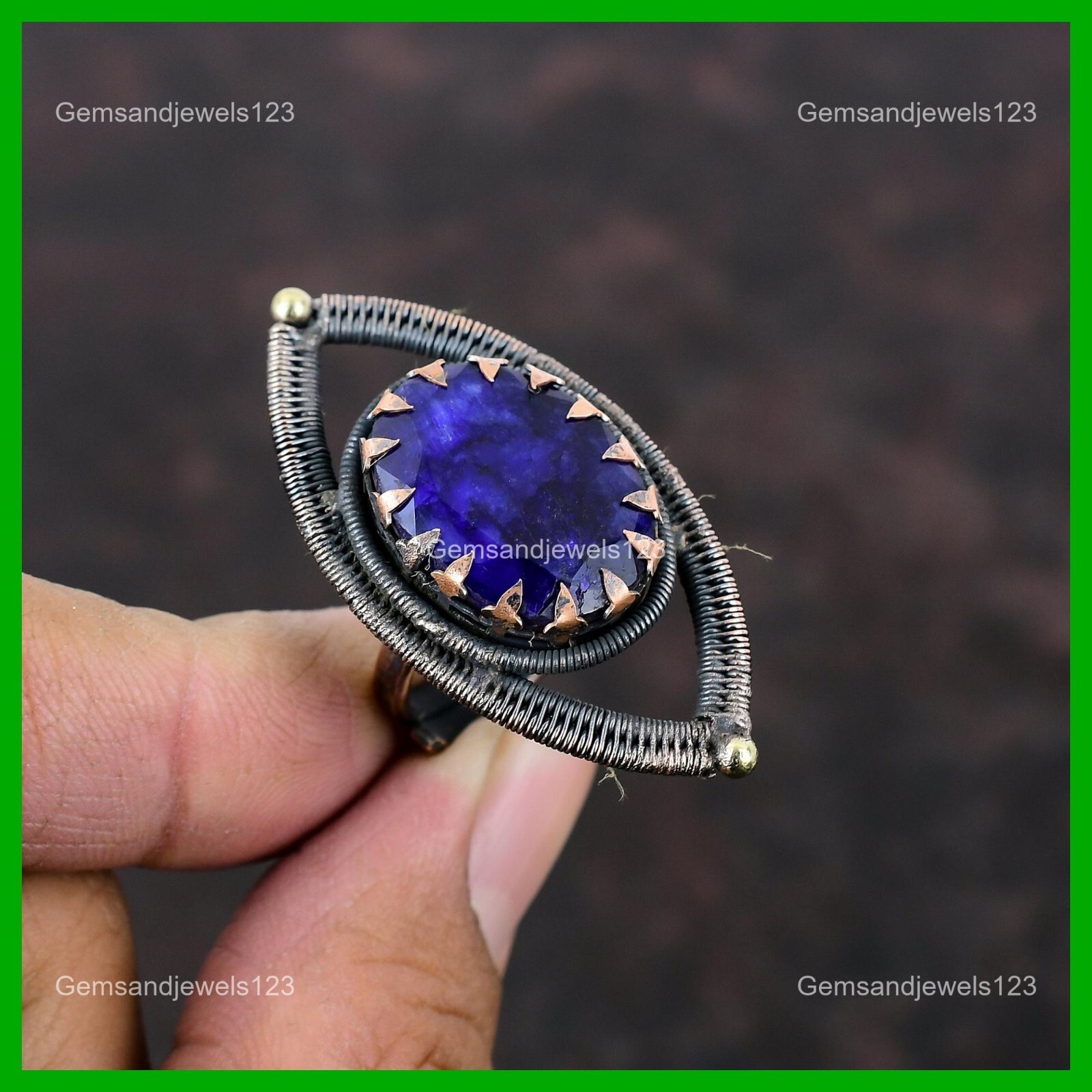 Copper Blue Saphire Gemstone Wire Wrapped Wife Promise Unique New Ring Jewelry