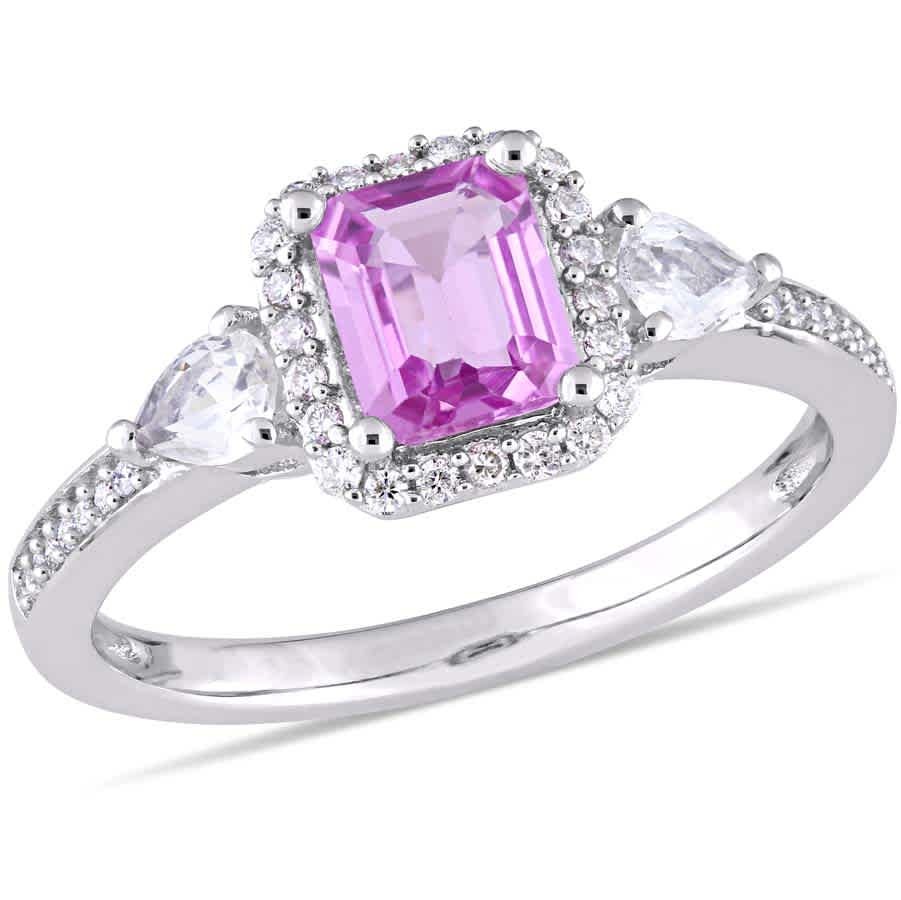 AMOUR Octagon Shape Pink Sapphire, Pear Shape White Sapphire and 1/6 CT TW