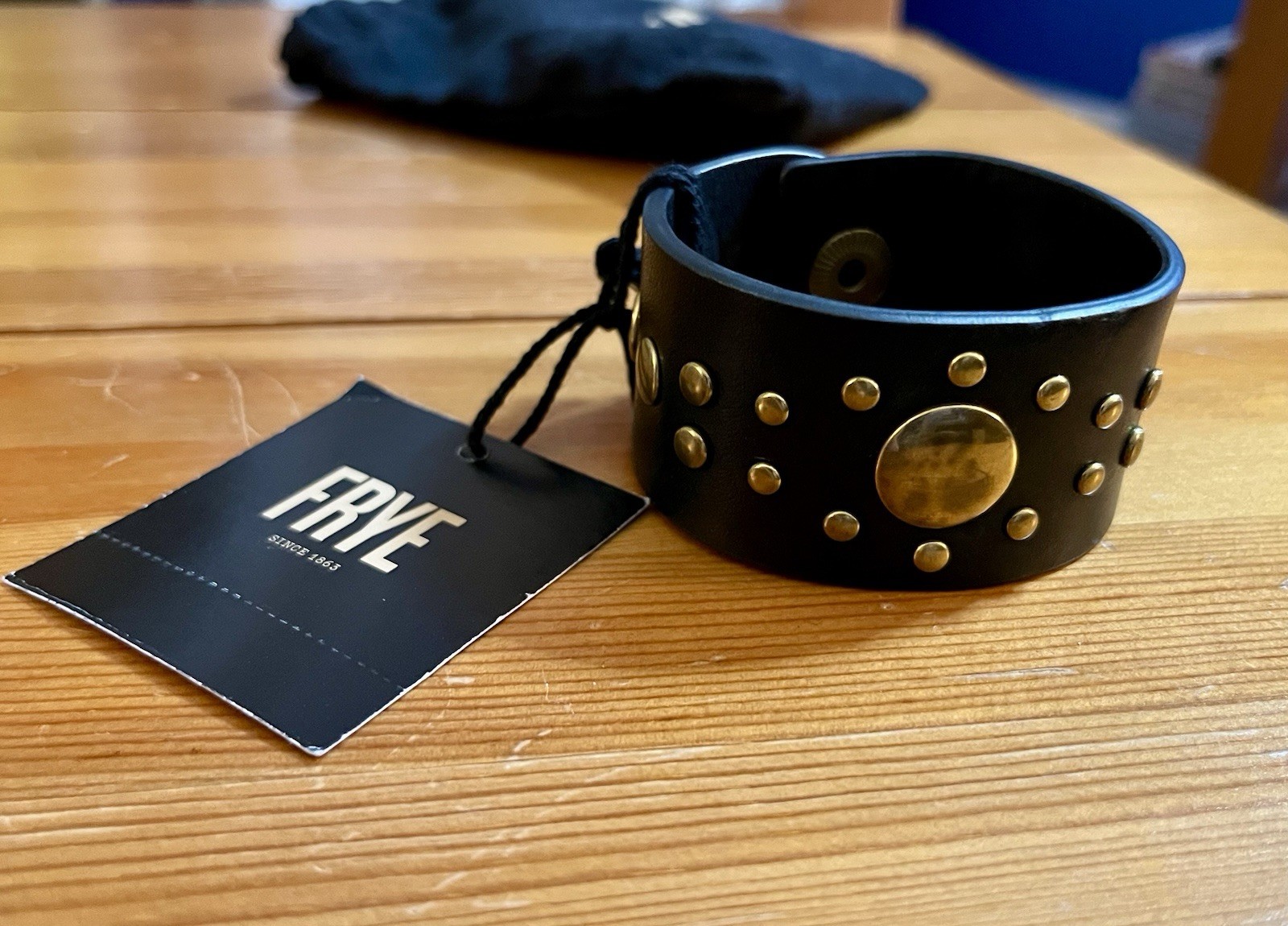 Frye Black Leather Cuff Bracelet Brass Studs Snap Closure