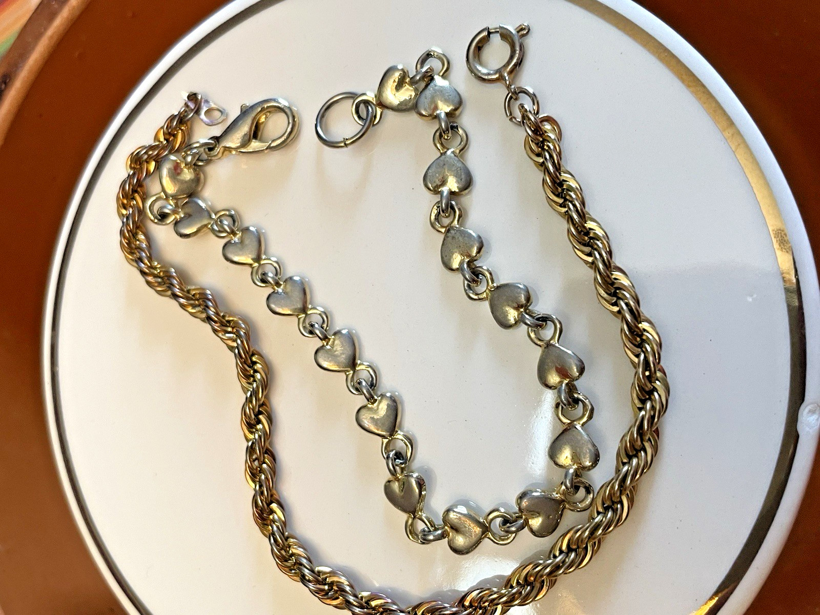 Bracelet Lot 3 Pcs. Rhinestone Bangle, Romantic Heart Link, & Goldplate Cable