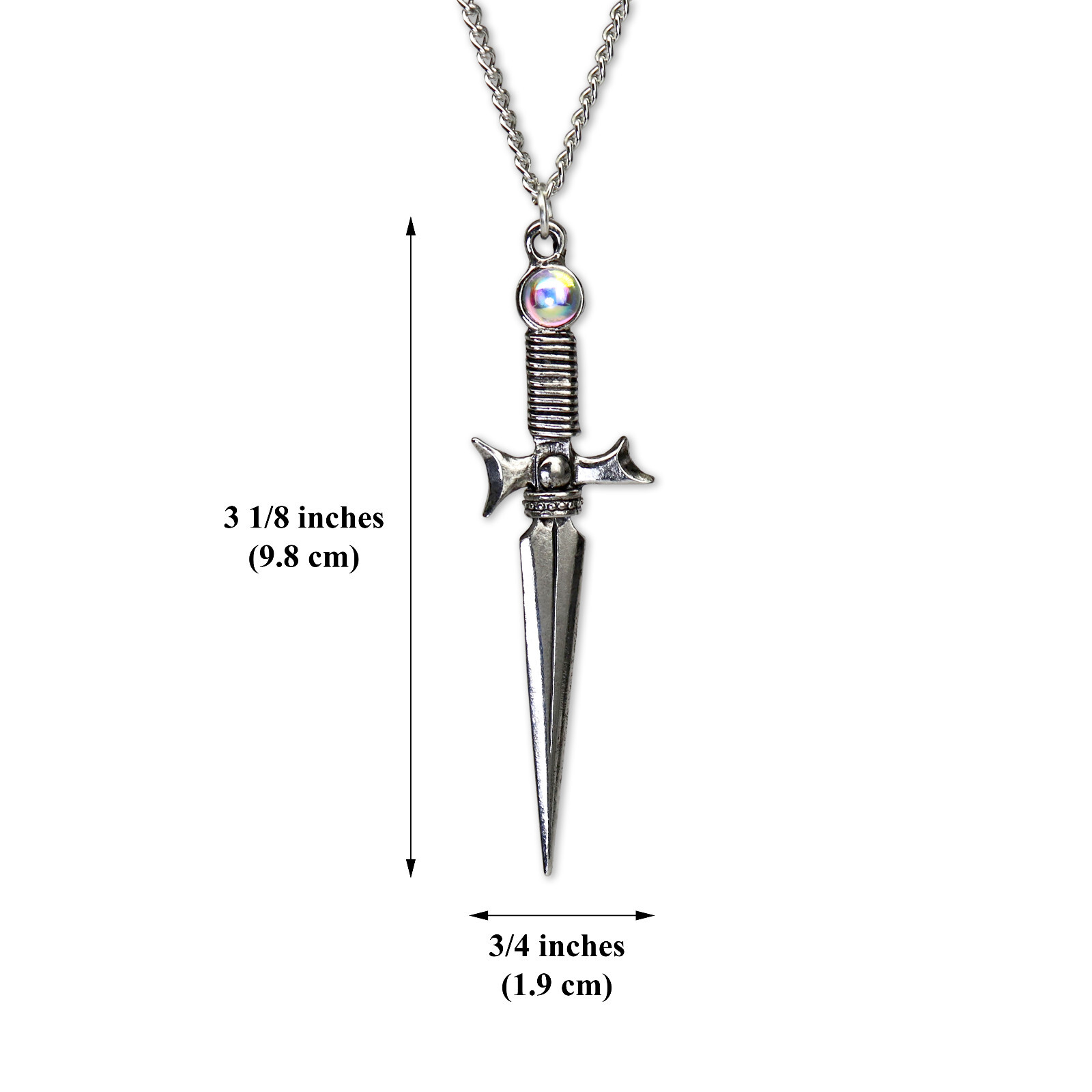 Silver Finish Sword with Red Aurora Borealis Stone Pendant Necklace NK-338