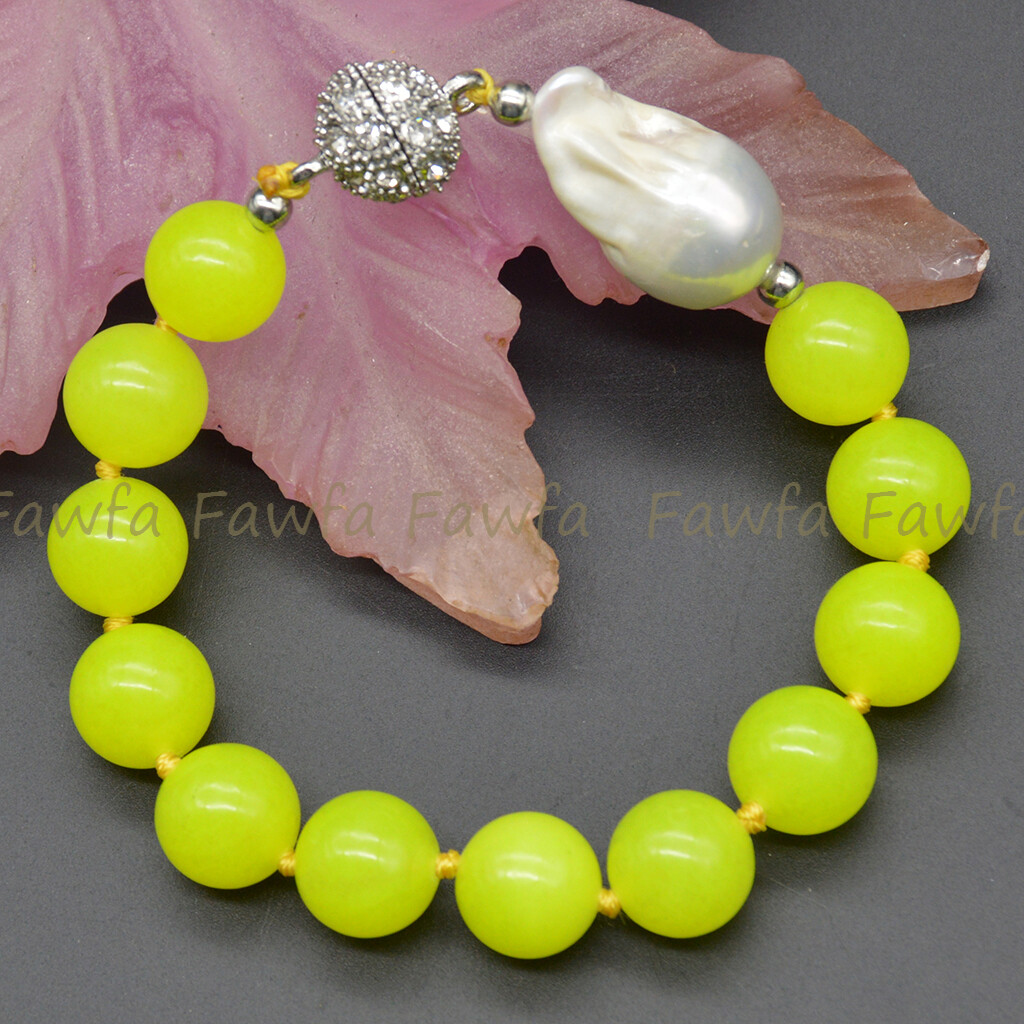 Natural 6-12mm Lemon Yellow Jade Gems White Keshi Baroque Pearl Bracelet 7.5″