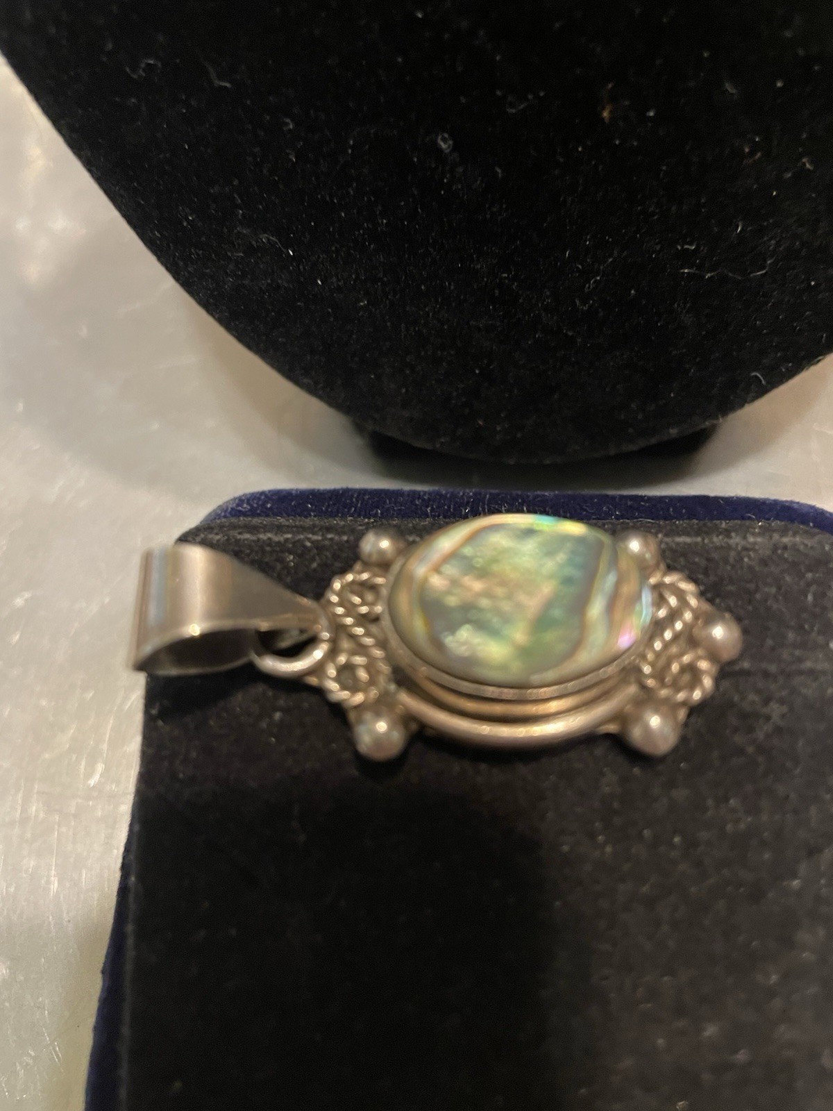 Silver 925 & Signed Oval Abalone Bezel Set Charm Pendant Multicolor Iridescent