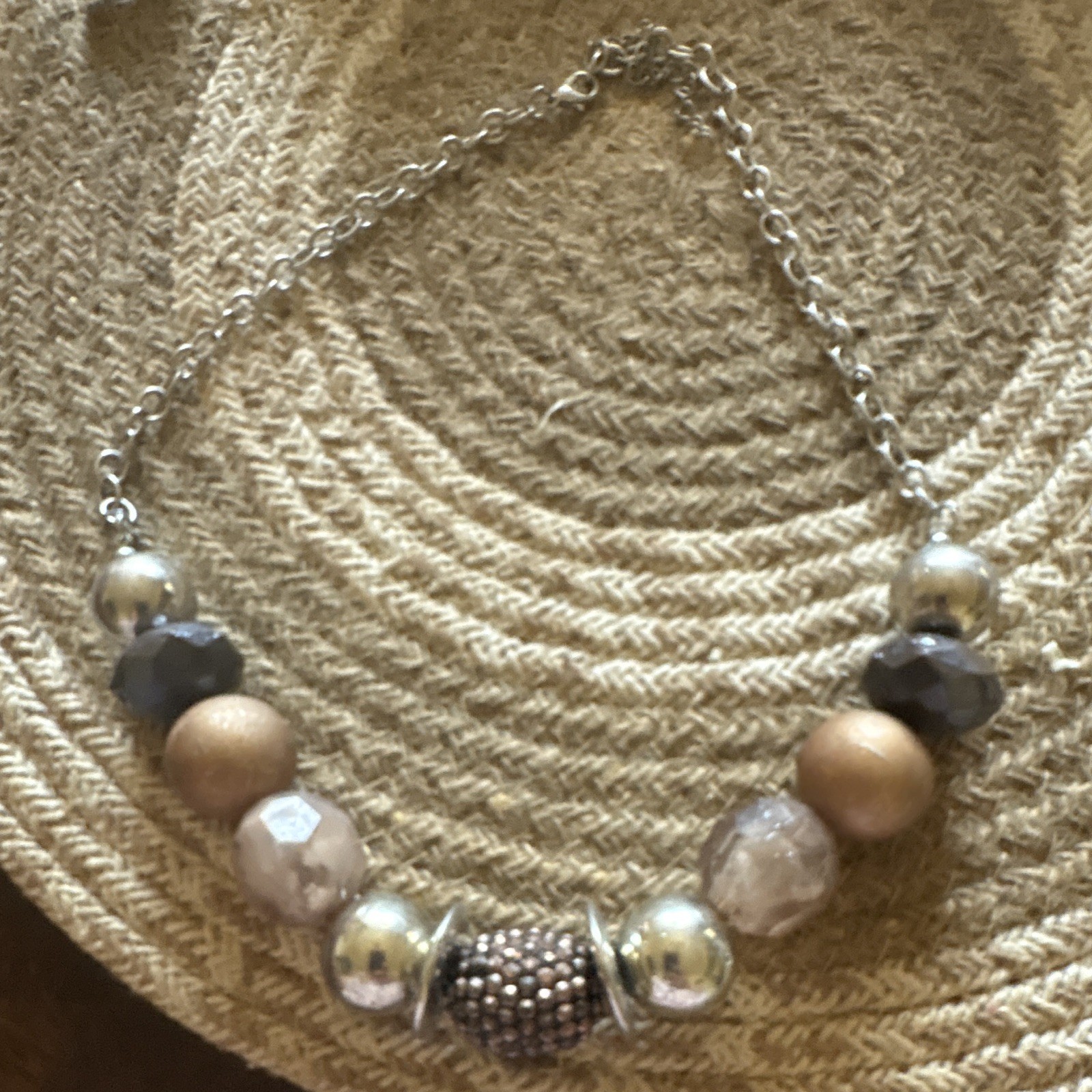 Silver Tone Cable Chain Beaded Necklace, Beige Black Clear Beads, No Stone
