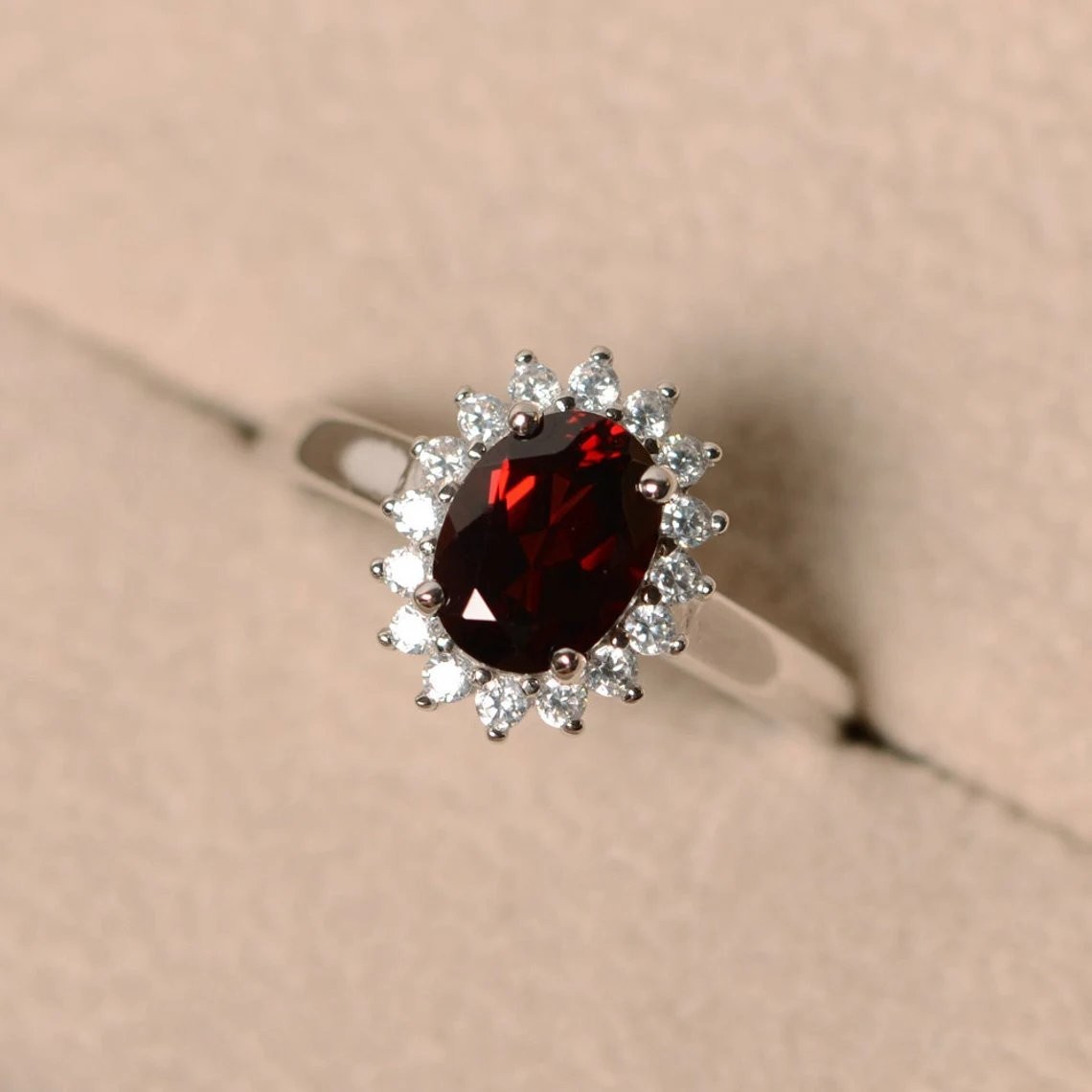 2CT Garnet Oval Gemstone 925 Silver Plated Halo Ring Duty Free