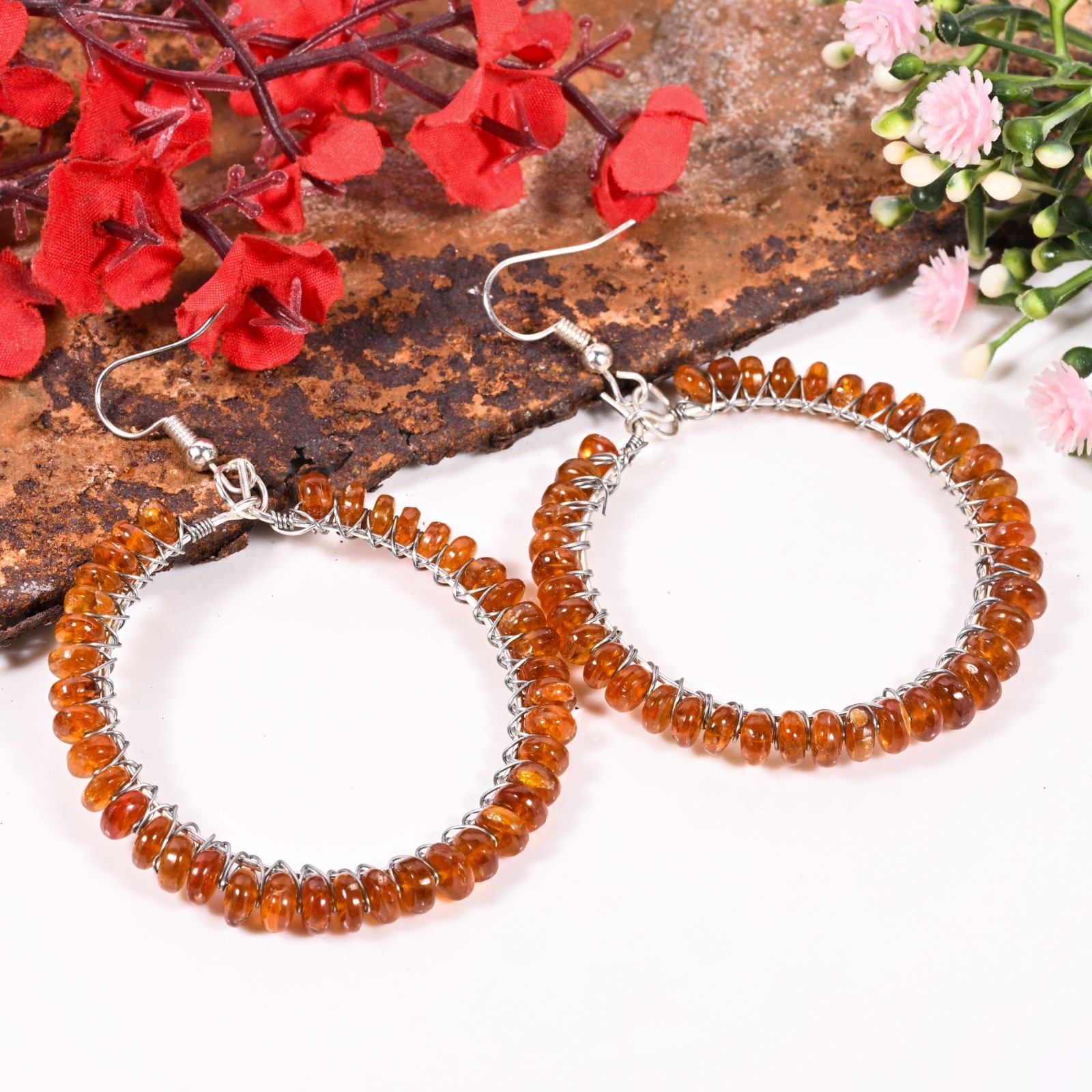 Natural Orange Ethiopian Opal Hoop Earring Opal Multicolor Gemstone Jewelry