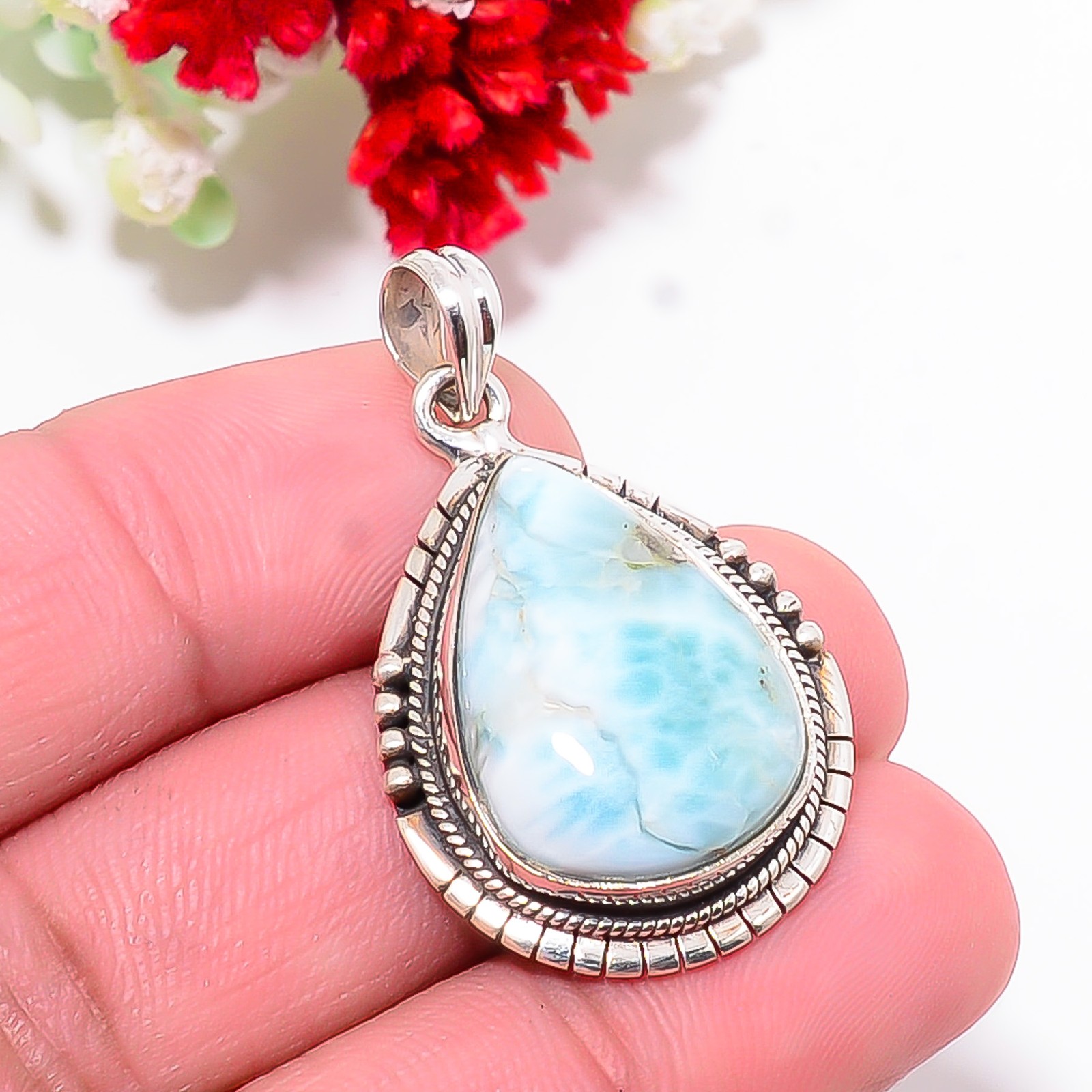 Natural Larimar / Pactolite – Dominican Republic 925 Silver Pendant 1.5″ P104637