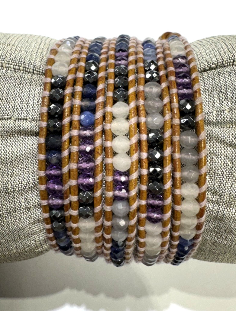Chan Luu Leather 5 Wrap Semi Precious Stone Beads Bracelet 35″
