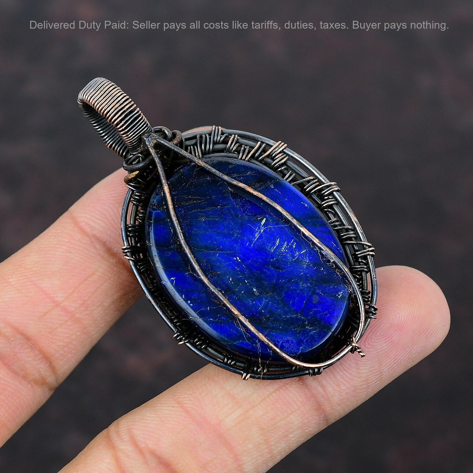 Copper Oval Natural Blue Fire Labradorite Mother Wire Wrapped Pendant Jewelry
