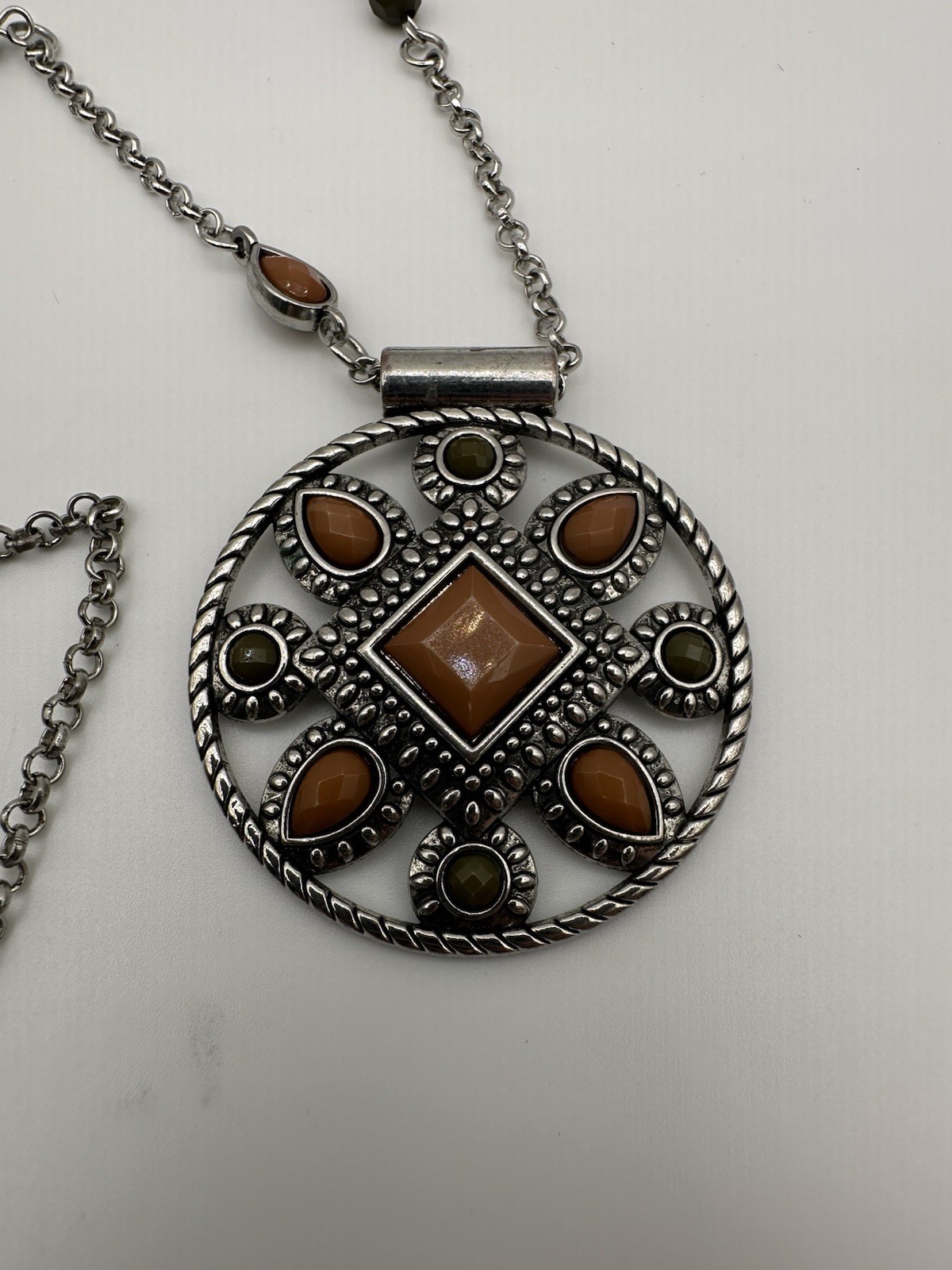 Statement Necklace Silver Tone Round Medallion Pendant Brown Stones Bezel