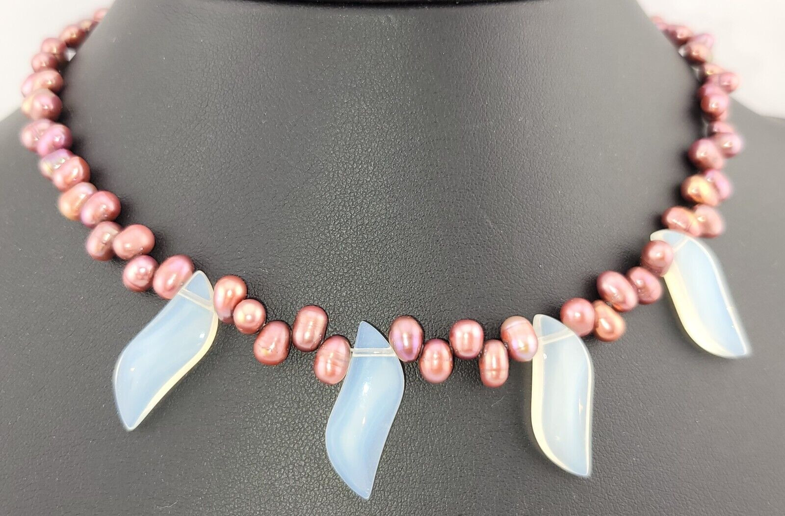Cultured Purple Freshwater Pearl Opal Glass Wave Bib Collar Choker Necklace 15″