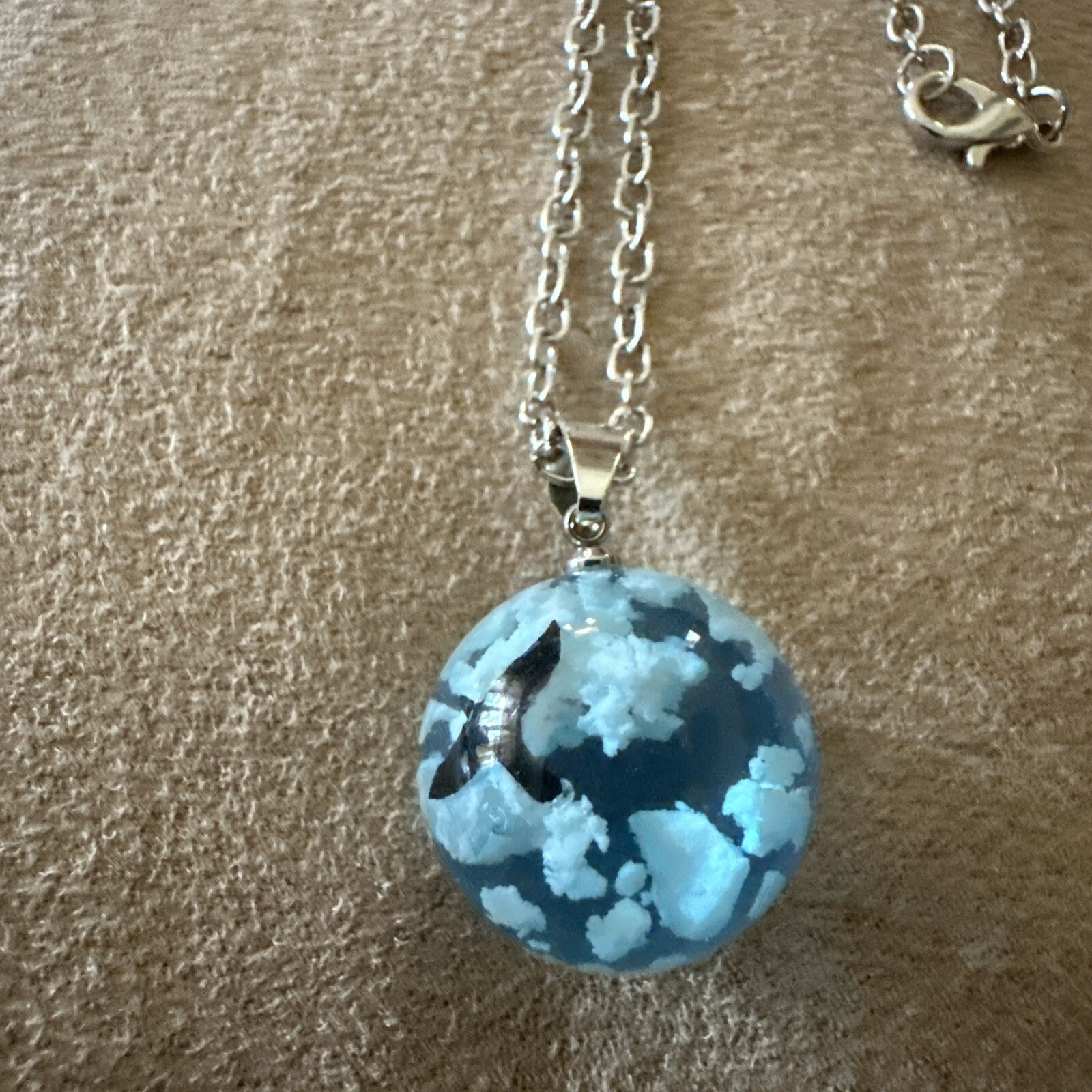 One Airplane Flying Blue Sky White Cloud Necklace Transparent Ball Shape Resin