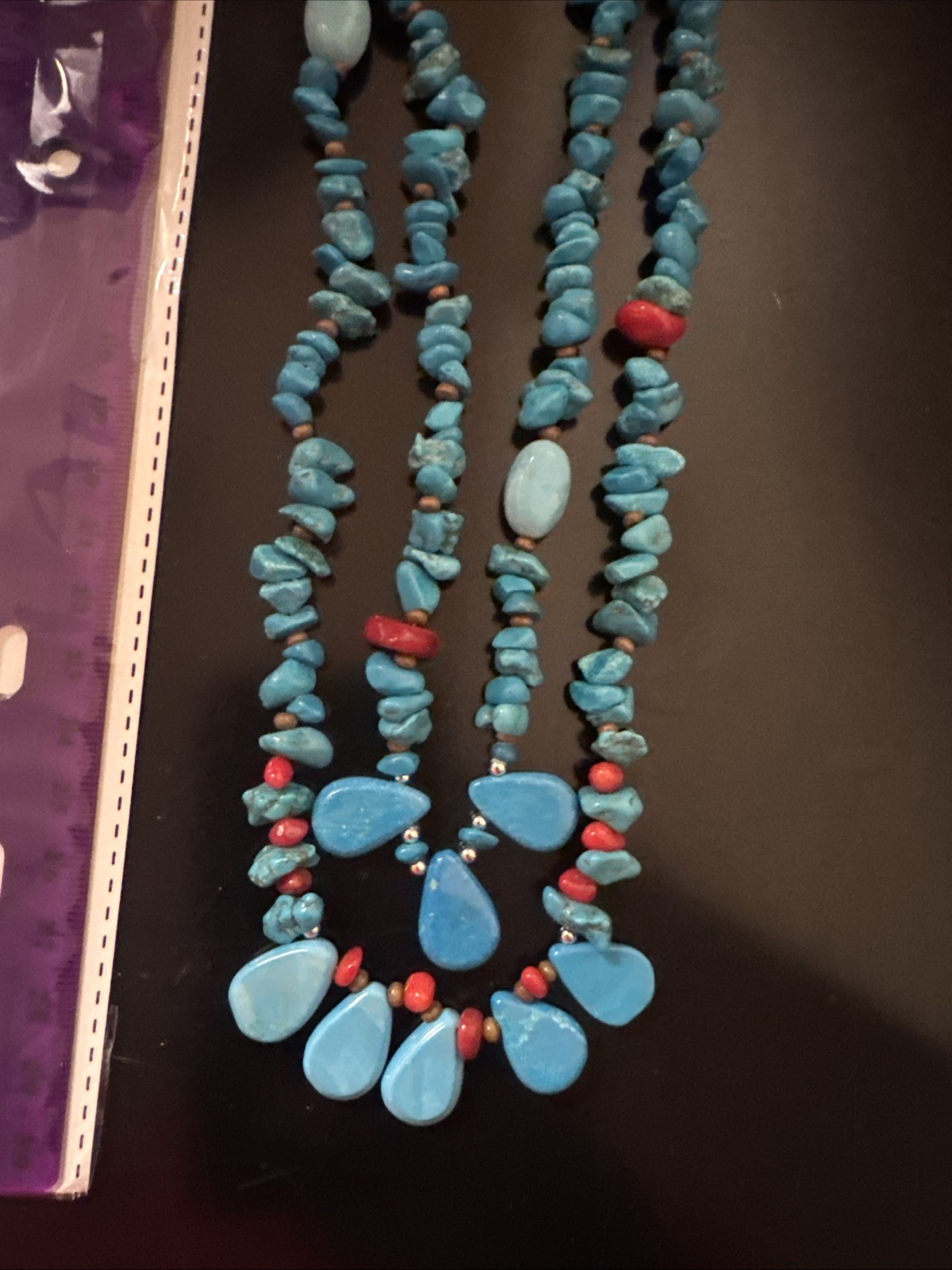 Red Coral And Turquoise Double Stranded Beaded Necklace
