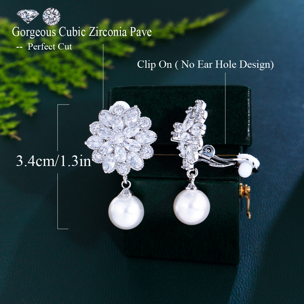 CWWZircons CZ Crystal Pearl Flower Non Pierced Clip on Drop Earrings for Women