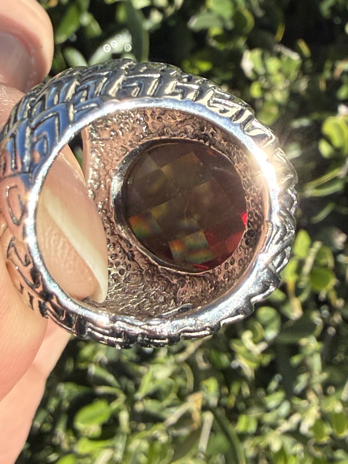 Silver Plated Textured Huge Statement Light Burgundy Faceted Glass Ring Sz7