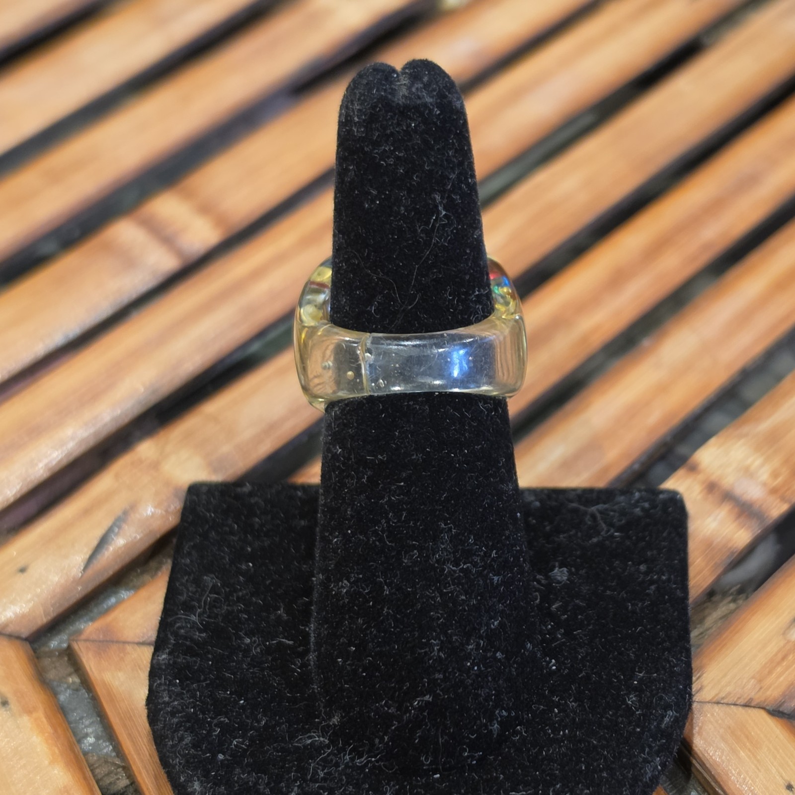Vintage Clear Resin/ Lucite Heart Ring Size 6.5 Colorful Confetti Glitter Chunky