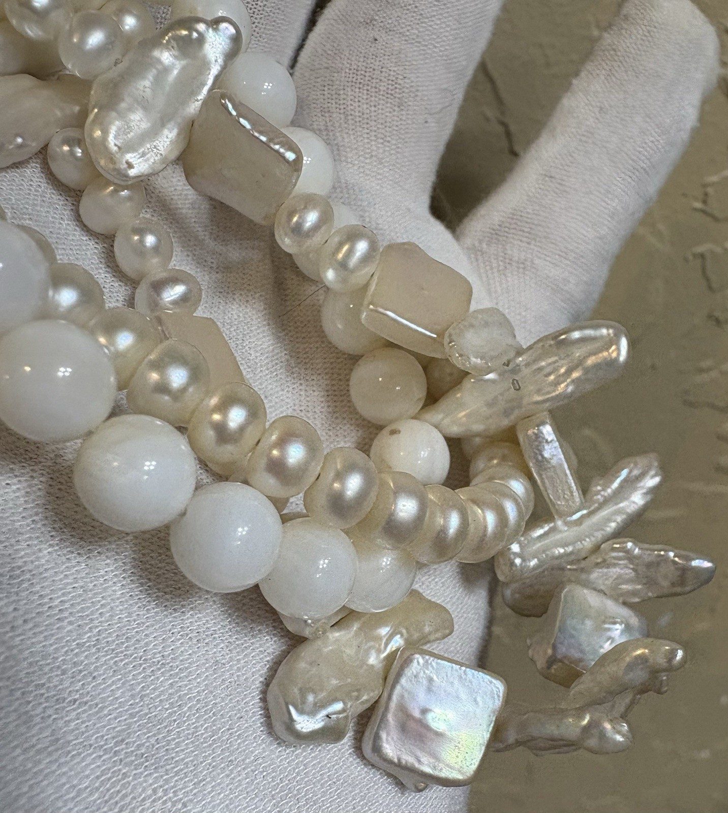 Pearl Necklace 3-Strand Baroque & Uniform Natural Pearls Opalite Beads 16”