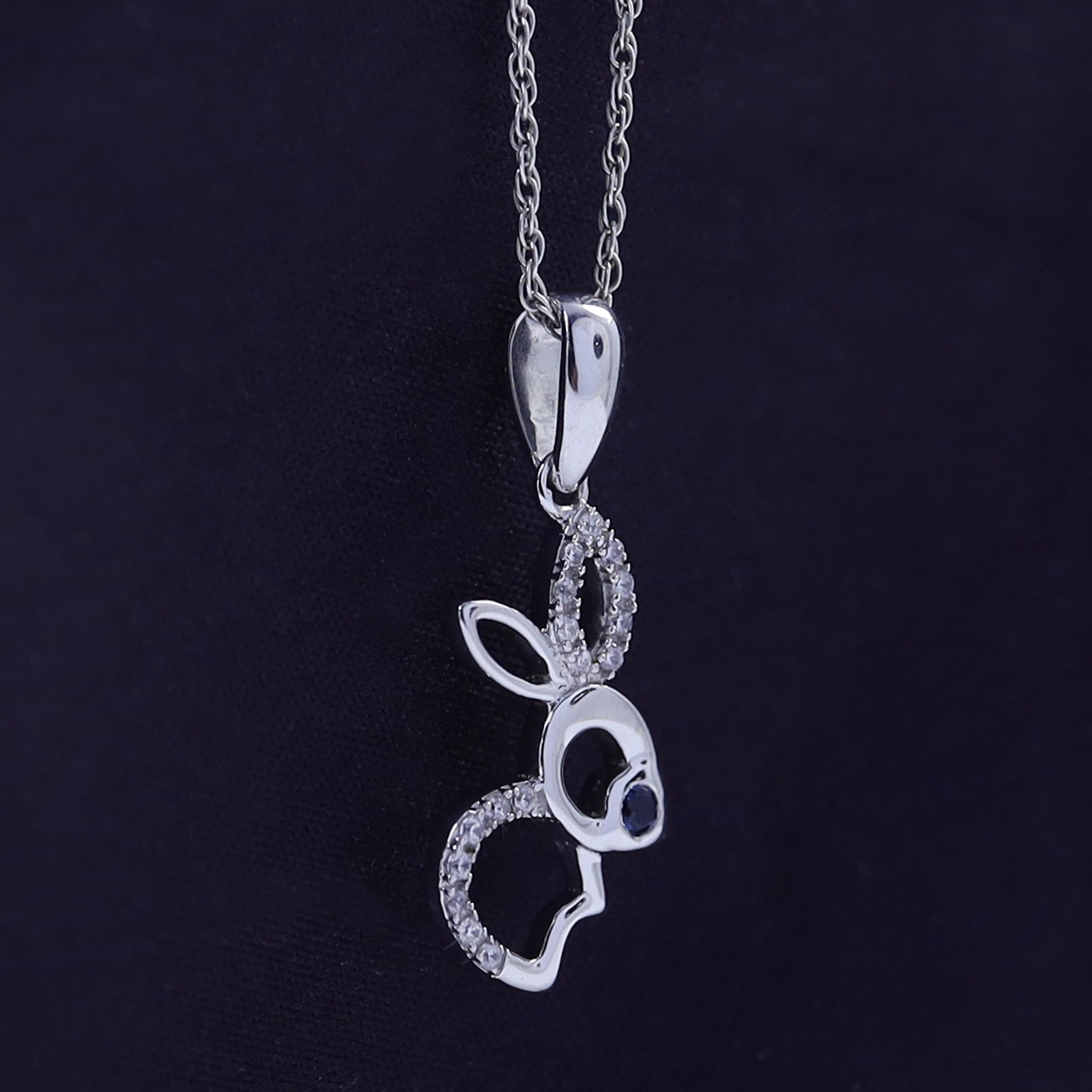 Cute Bunny Rabbit Pendant Necklace Simulated Blue Sapphire 14K White Gold Plated