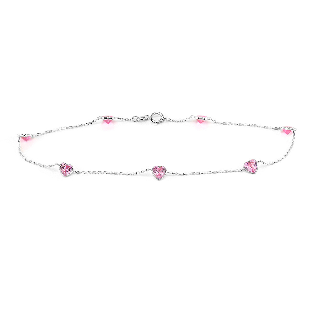 14K White Gold Pink Heart Shaped Cubic Zirconia Bracelet 7.5 Inches