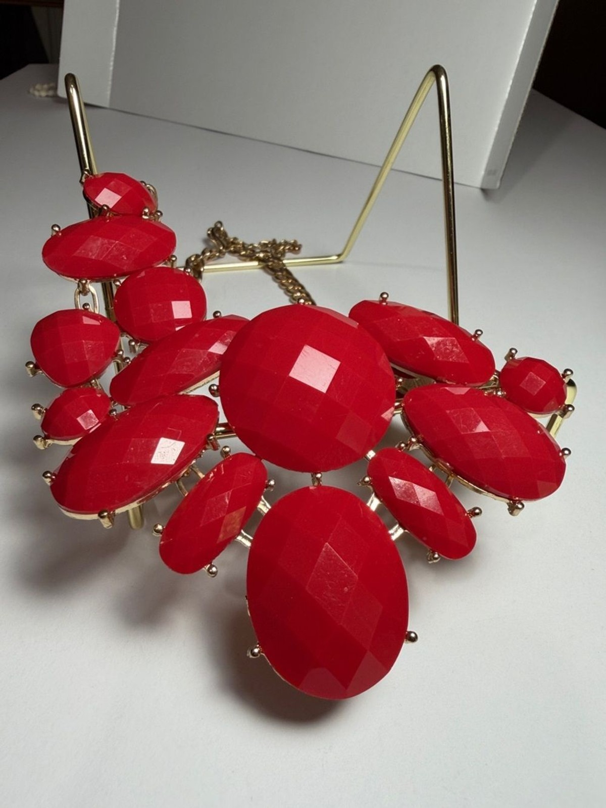 Chunky Red Acrylic/Lucite Cabochon Statement Bib Necklace with Gold-Tone Chain