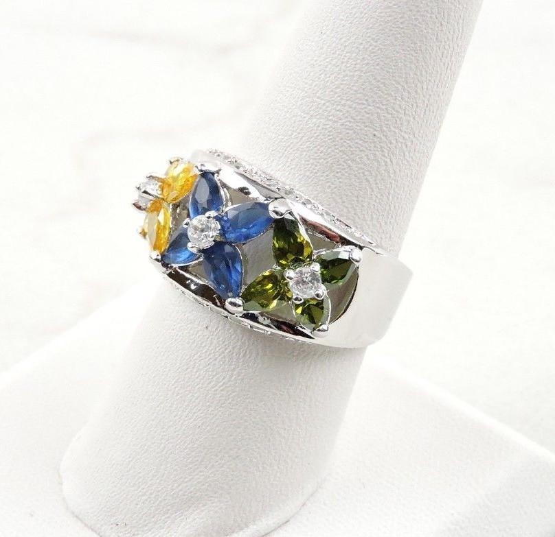 Sterling Silver 3.45 cttw Yellow, Blue And Green Pear Cut Cubic Zirconia Ring