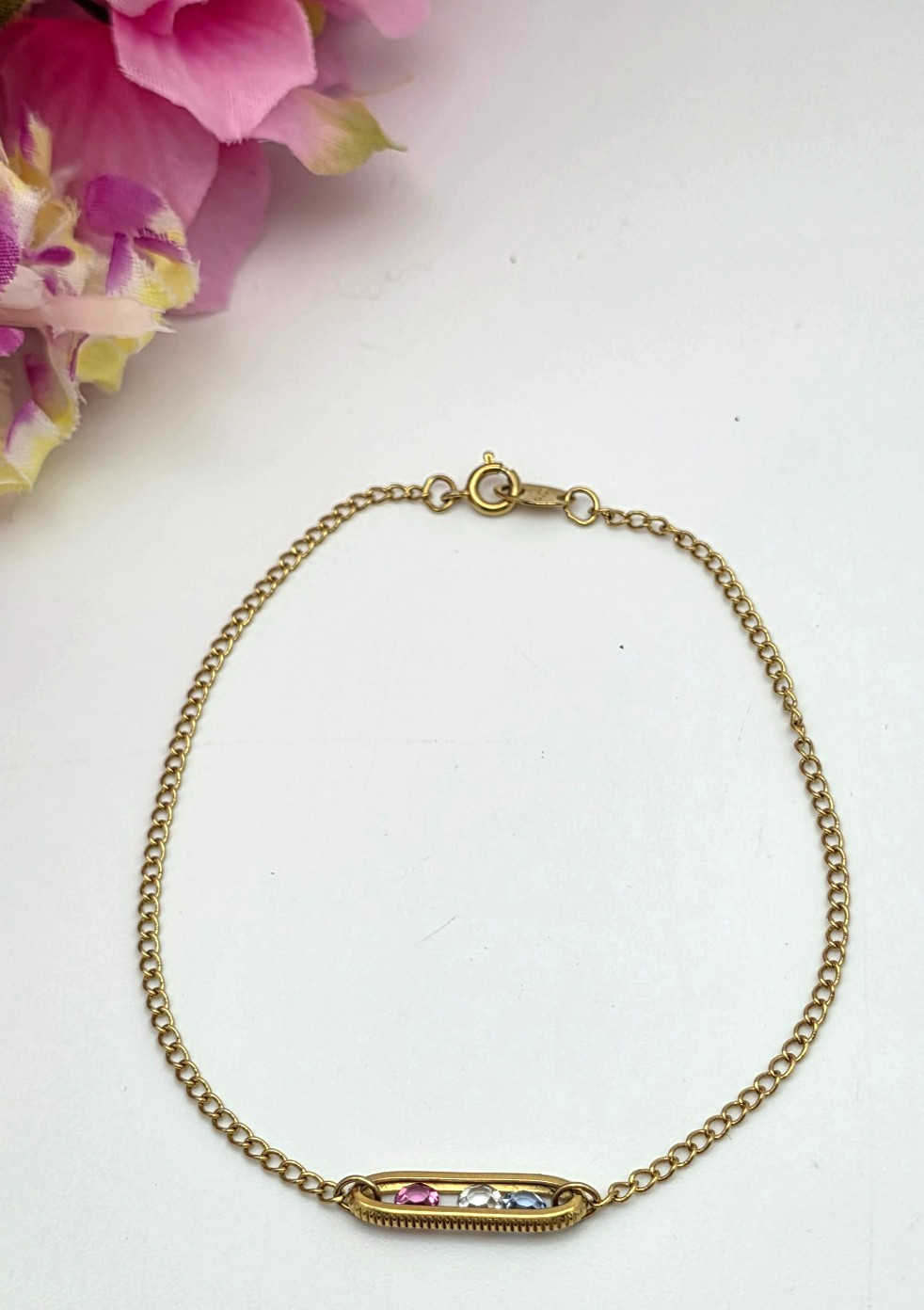 Vintage Avon Gold Tone Floating Crystal Slide Bar Anklet Pink Blue Clear 9.5 In